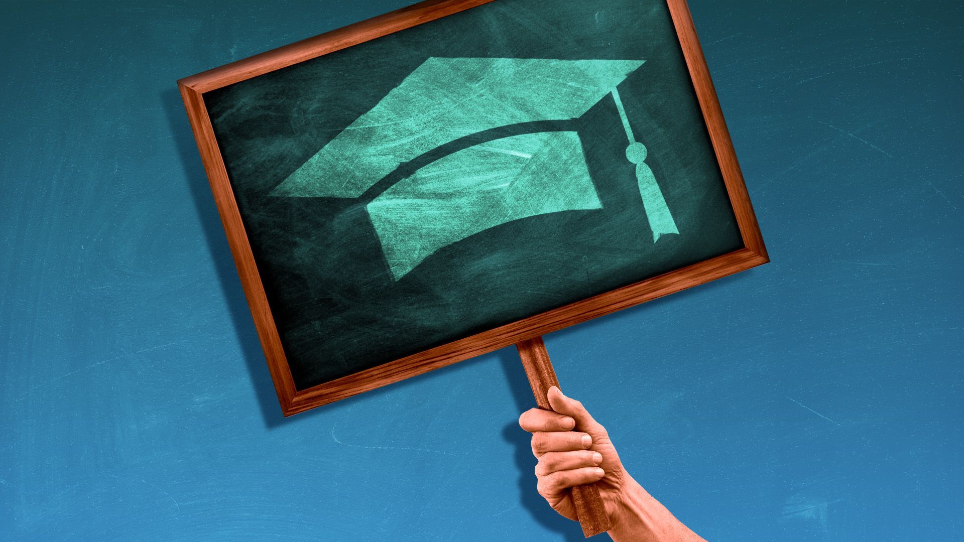 Illustration of a hand holding a protest sign in the shape of chalkboard with a graduation cap 