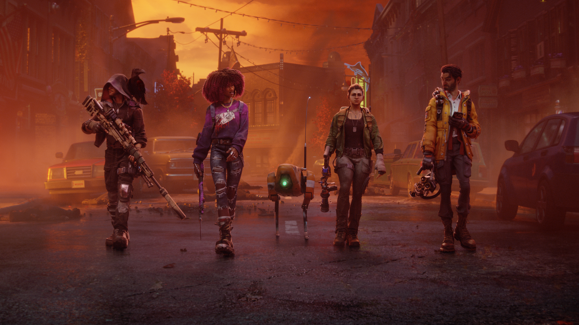 Four characters fro the game "Redfall" walking down a street. 