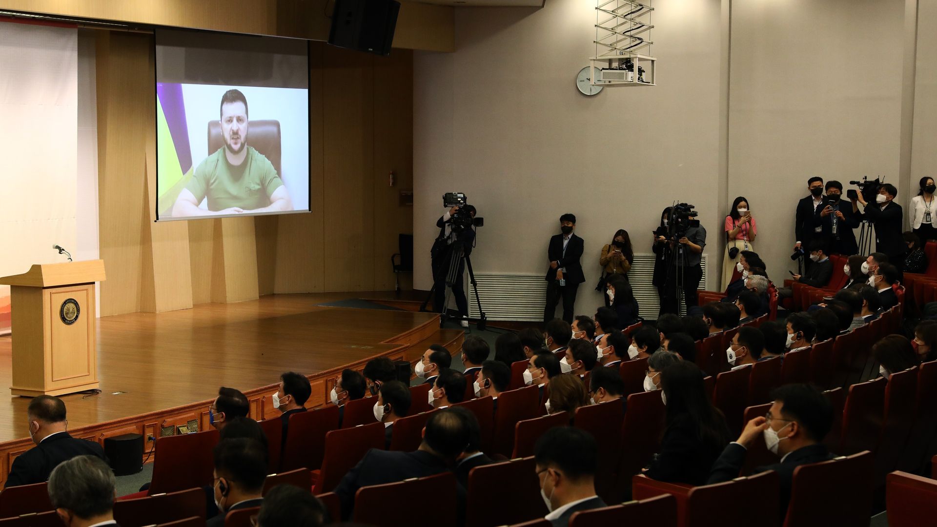 Ukrainian President Volodymyr Zelensky speaking to the South Korean parliament via video link on April 11.