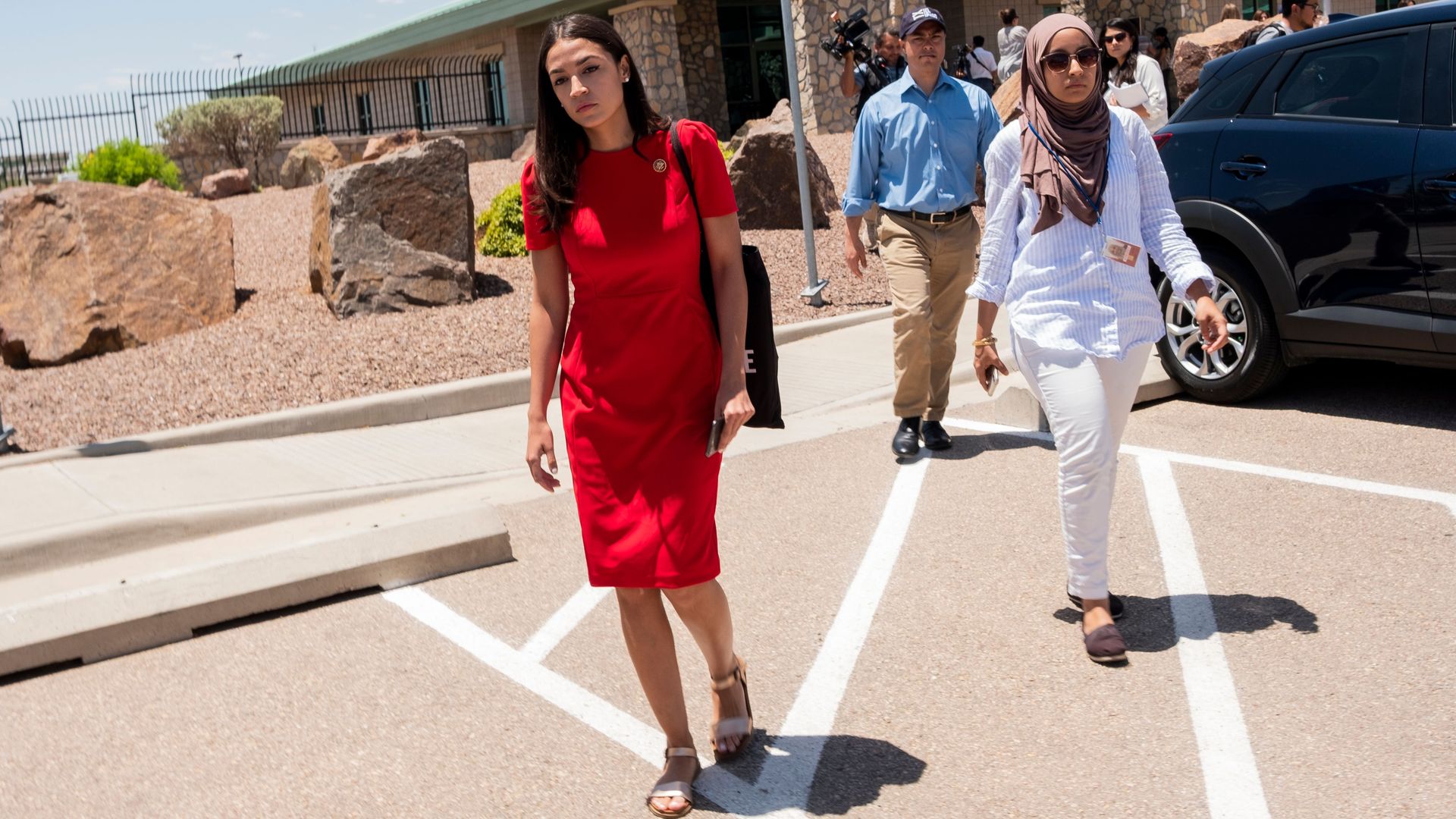 US Representative Alexandria Ocasio-Cortez (D-NY) attends with 14 members of the Congressional Hispanic Caucus a tour to Border Patrol facilities and migrant detention centers on July 1.