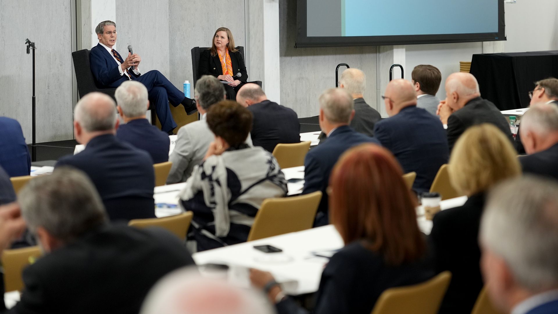 Scott Bessent, US treasury secretary, left, and Michelle Bowman, vice chair for supervision at the US Federal Reserve, during the Federal Reserve Board Community Bank Conference in Washington, DC
