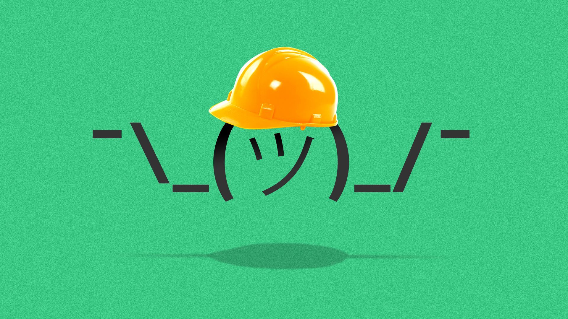 Illustration of a shrugging emoji wearing a hard hat.