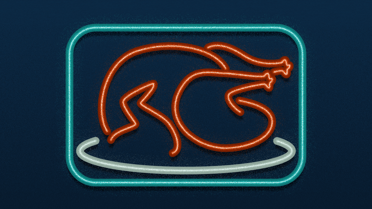 Illustration of a neon sign with a turkey in it lighting up and flickering