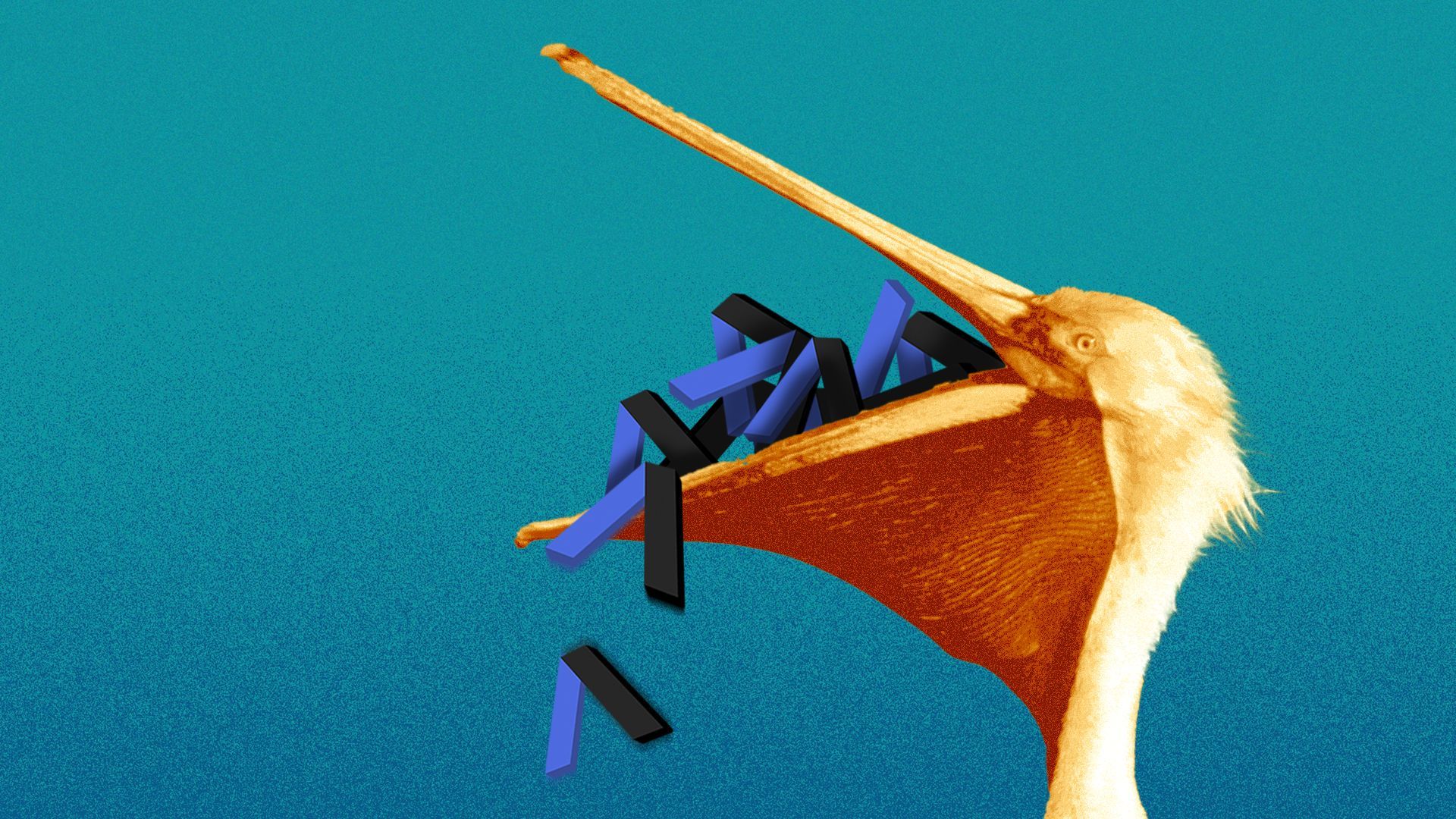 Illustration of a pelican eating small Axios logos.