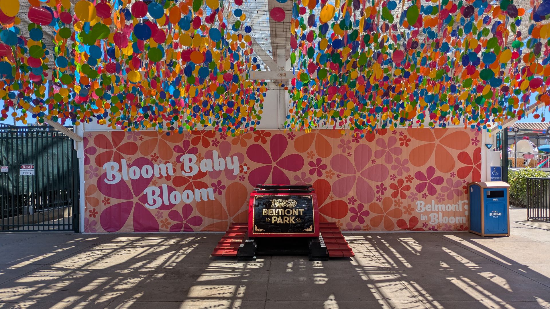 Colorful hanging circles form a tunnel above a pink wall mural reading "Bloom Baby Bloom"; a small vehicle and Belmont Park signage are visible below.