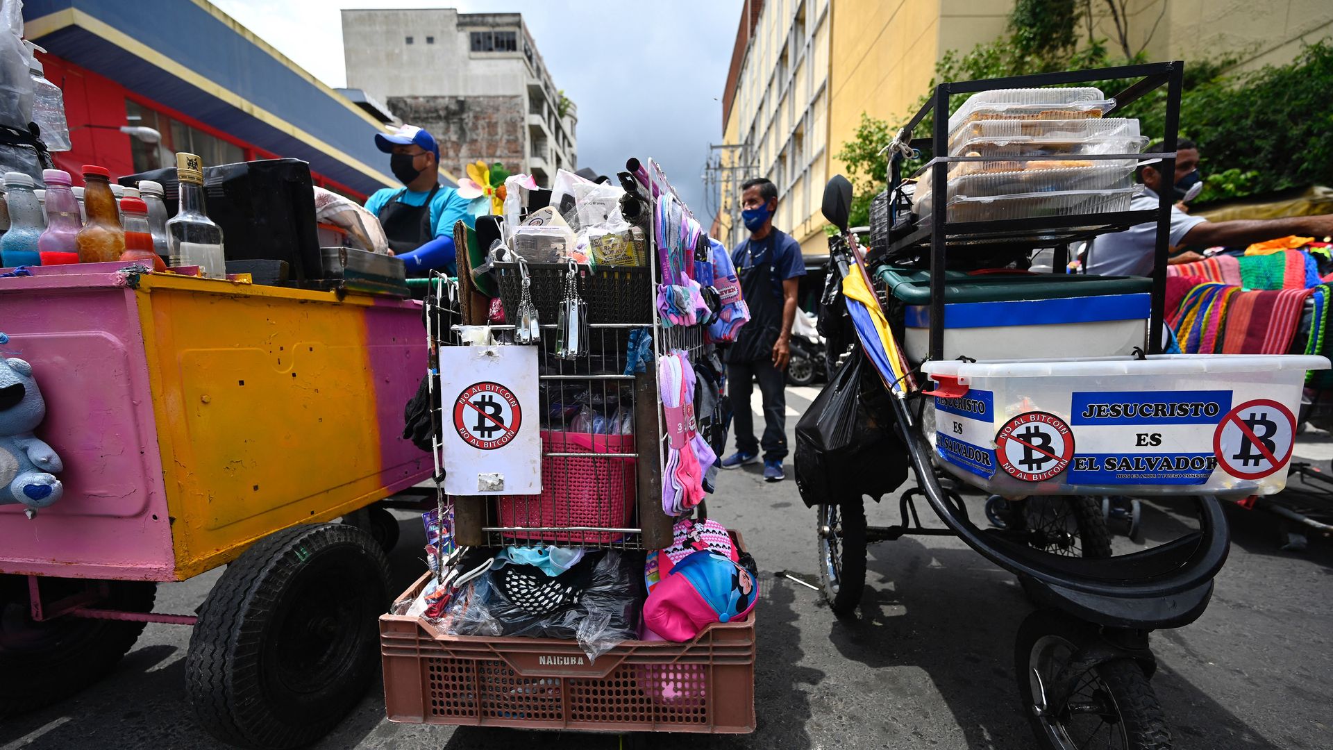 Street vendors in San Salvador have put stickers in their carts that say “No to Bitcoin.”