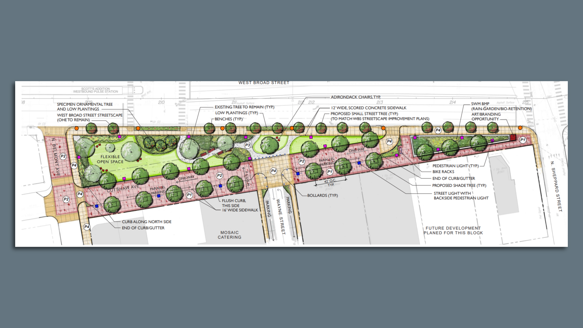 a rendering of the new pocket park in Richmond with bushes filled in 