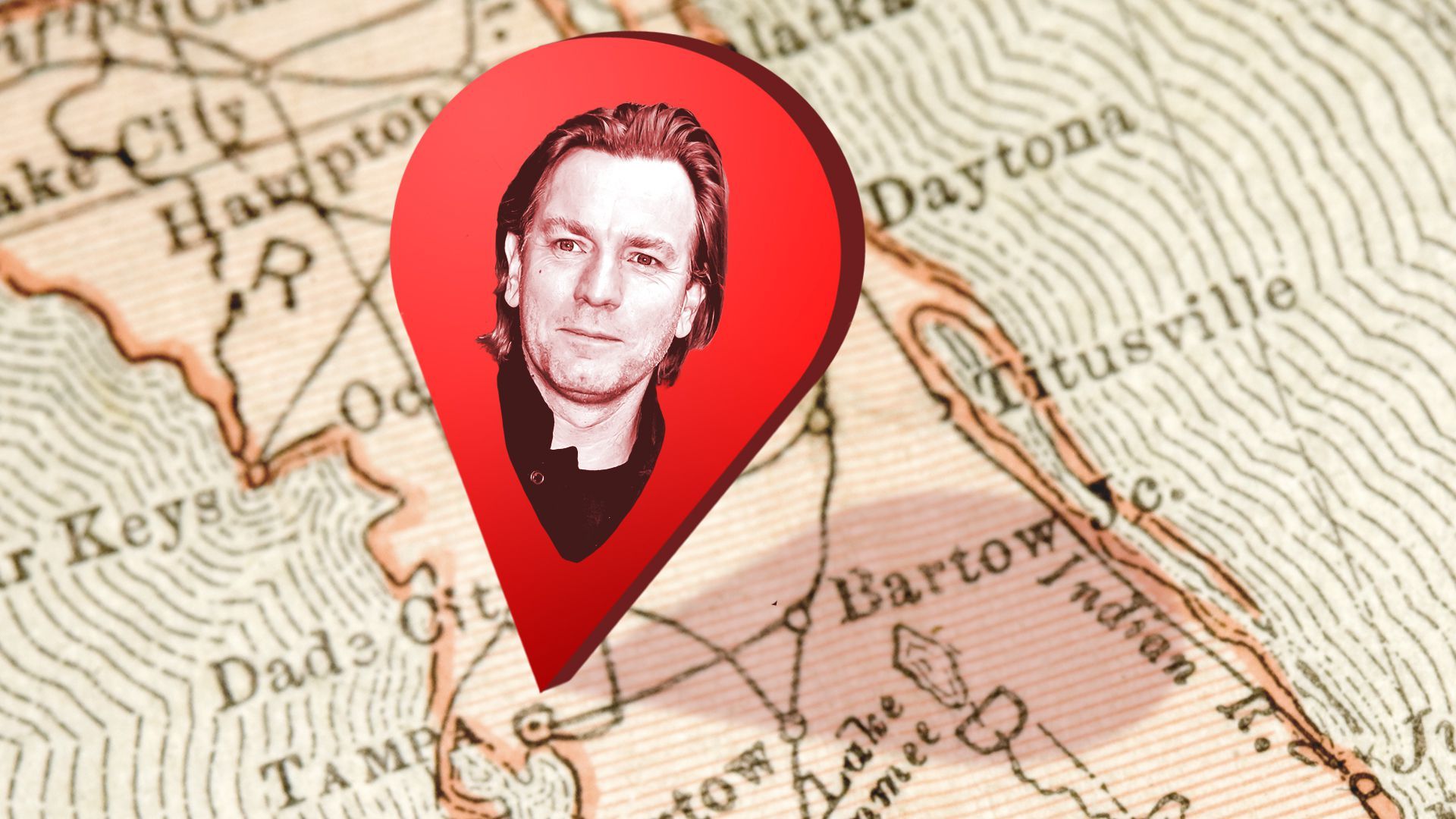 Photo illustration of Ewan McGregor inside of a location pin hovering over Tampa Bay.