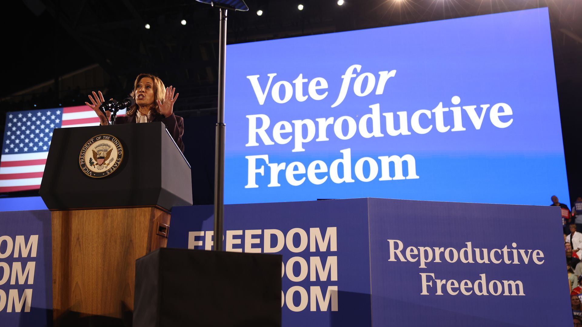 Vice President Kamala Harris speaks at a campaign rally in front of a sign that says "Vote for Reproductive Freedom."