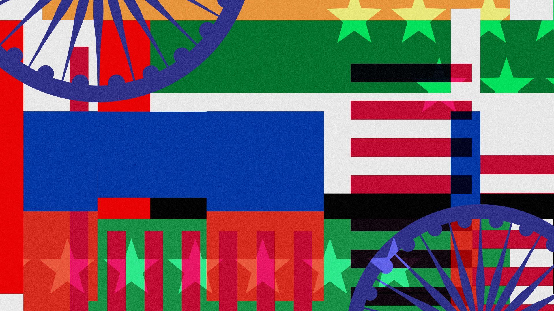 Illustration of an abstract collage of the US, Russia, India and United Arab Emirates flags.