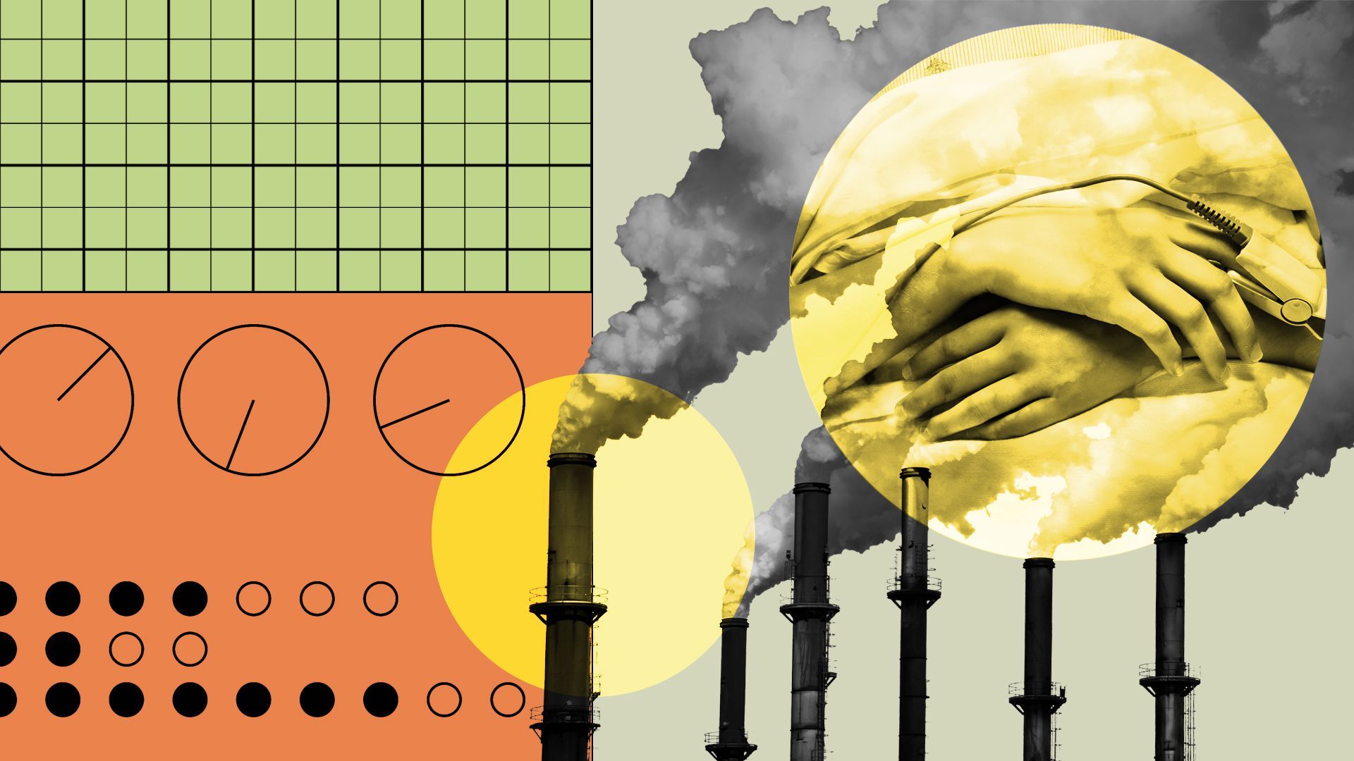 Illustration of patients' hands, smokestacks, and abstract shapes. 