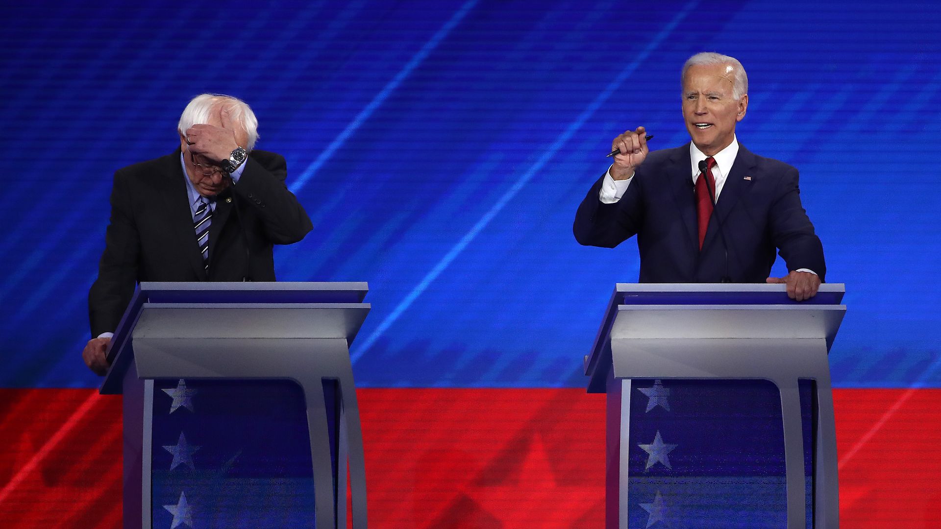 Sen. Bernie Sanders and former Vice President Joe Biden on the debate stage.