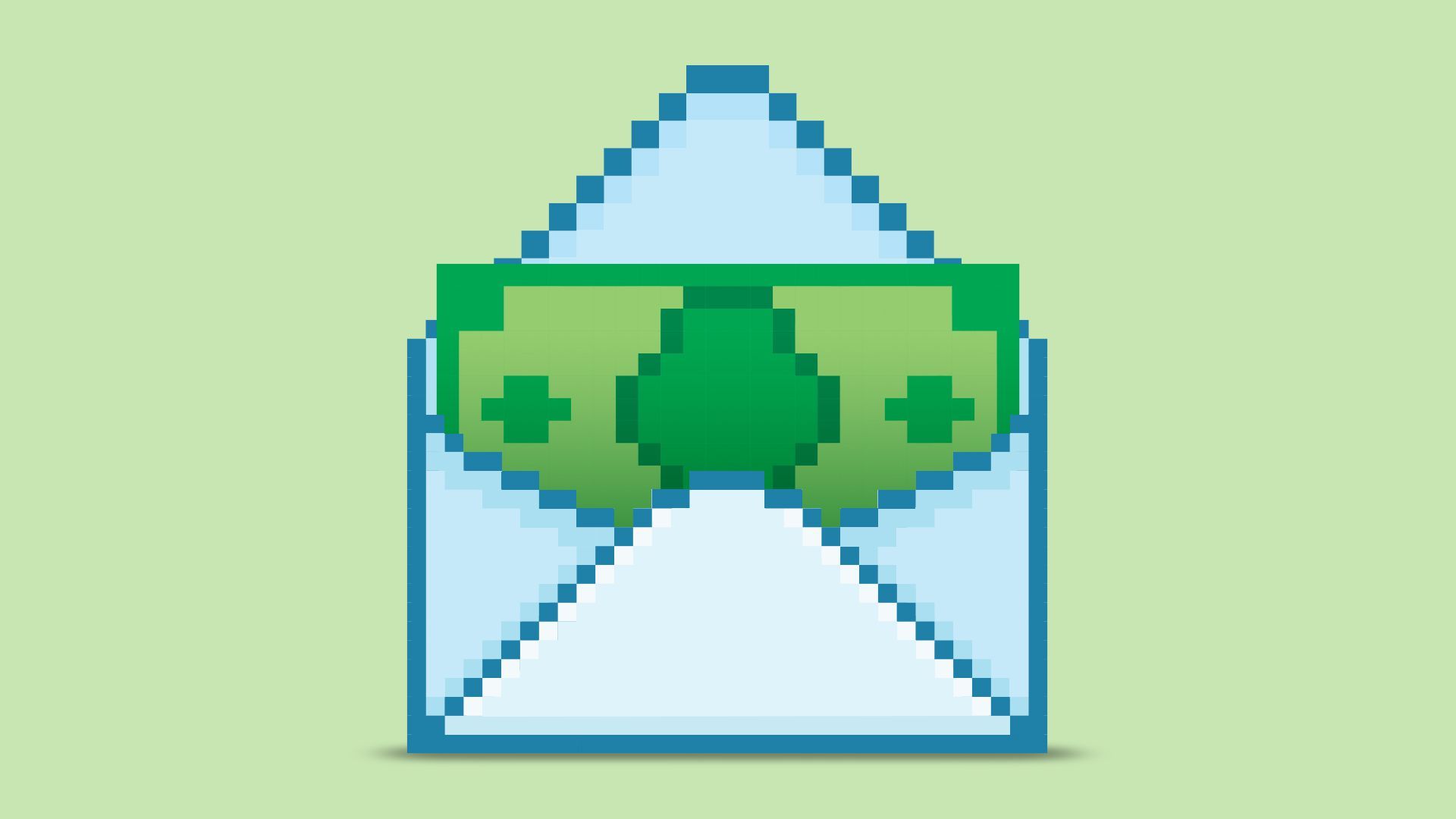 Illustration of an 8-bit envelope with money coming out. 