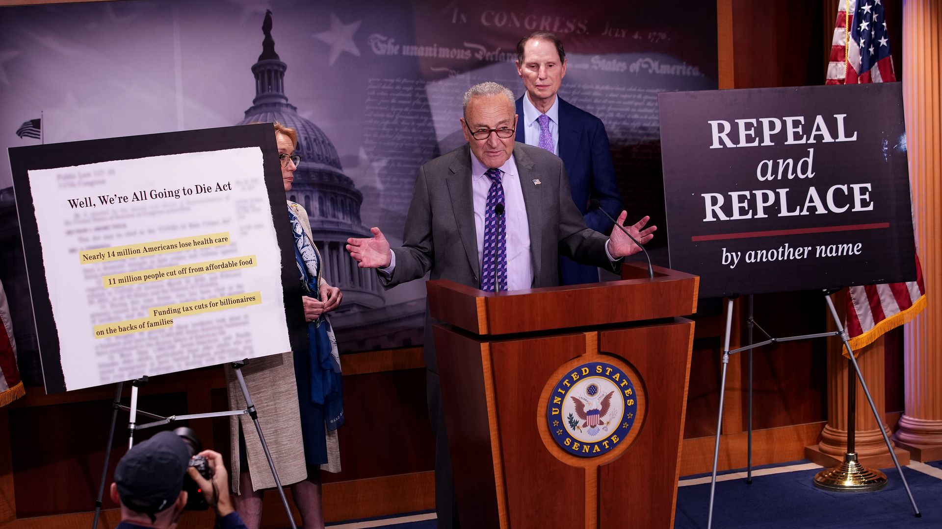 U.S. Senate Minority Leader Charles Schumer (D-NY) speaks at a press conference alongside Sen. Maggie Hassan (D-NH) and Sen. Ron Wyden (D-OR) at the U.S. Capitol on June 04, 2025 in Washington, DC.