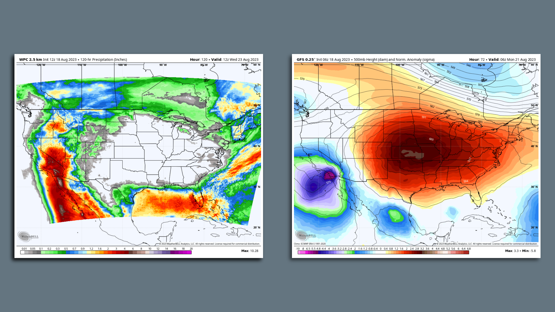 Computer model forecast images illustrating the interaction between the record heat dome and Hurricane Hilary.