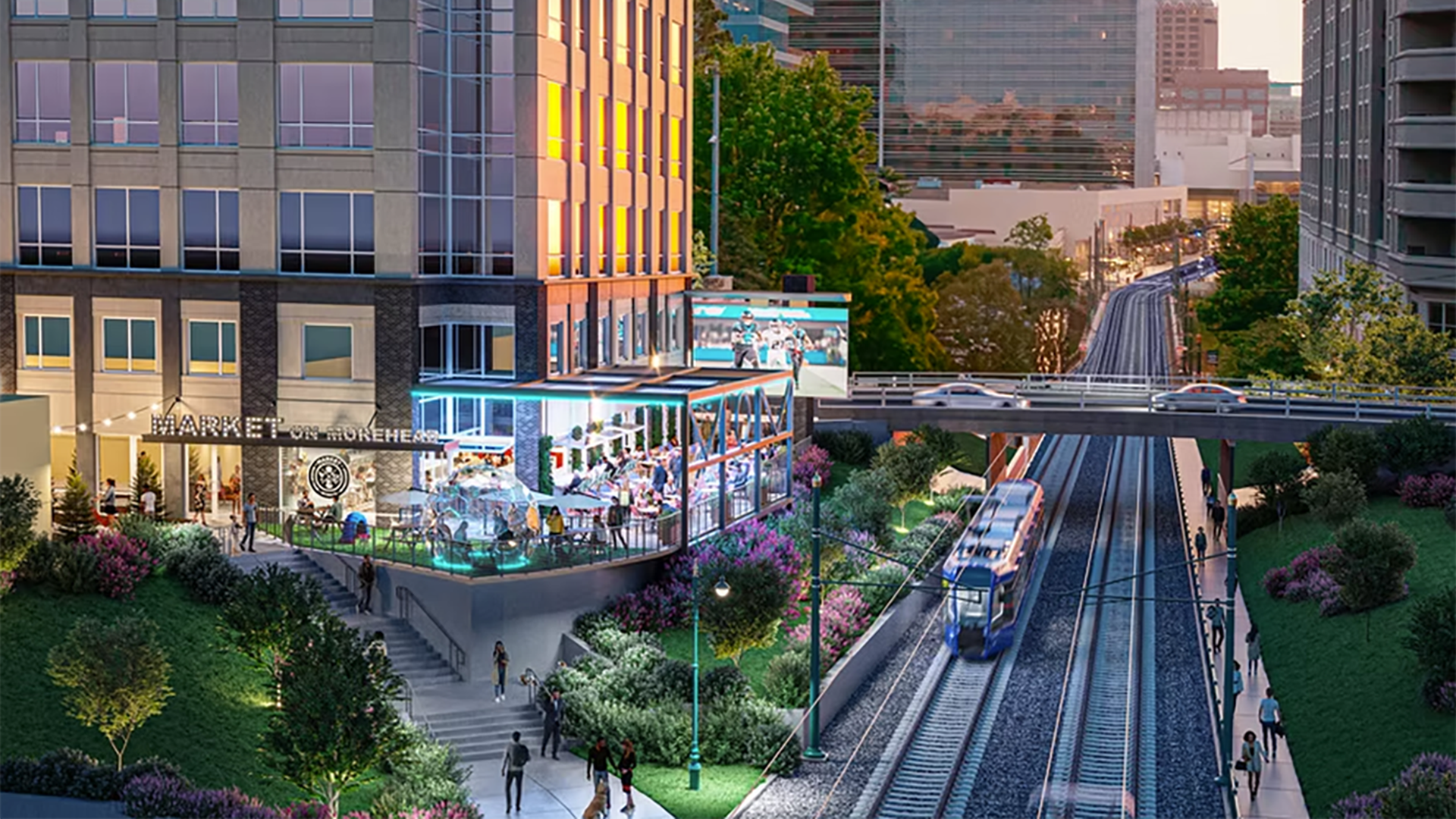 Rendering of a restaurant next to the light rail