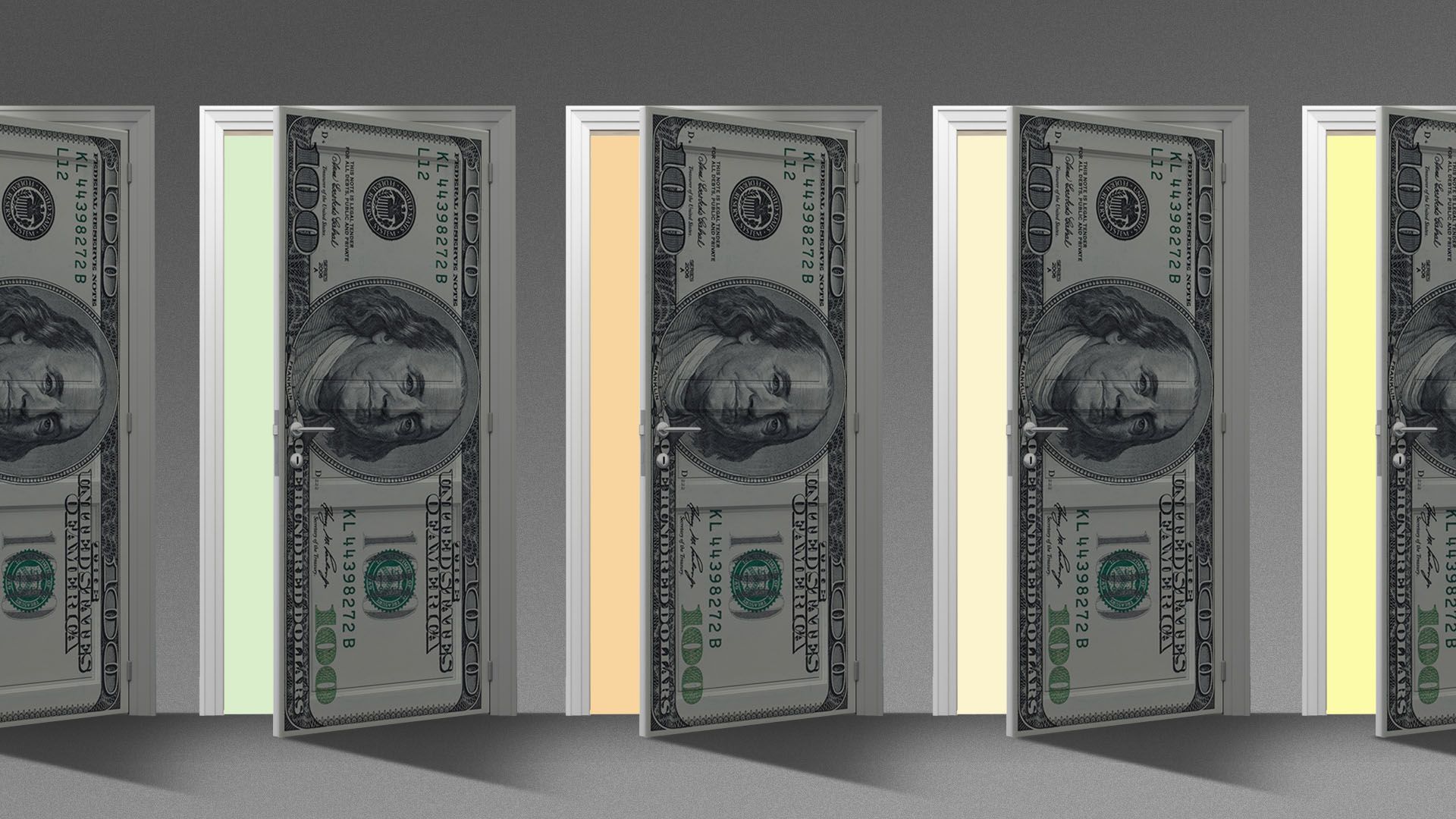 Illustration of a line of doors with hundred dollar overlays 