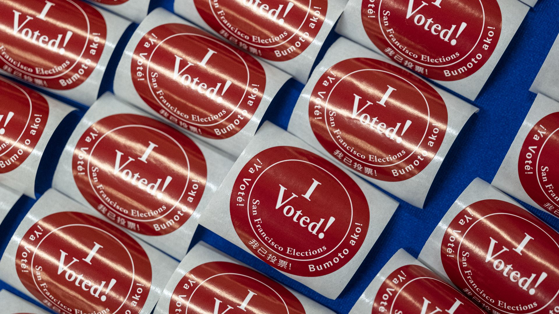 Photo of rolls of red "I Voted!" stickers