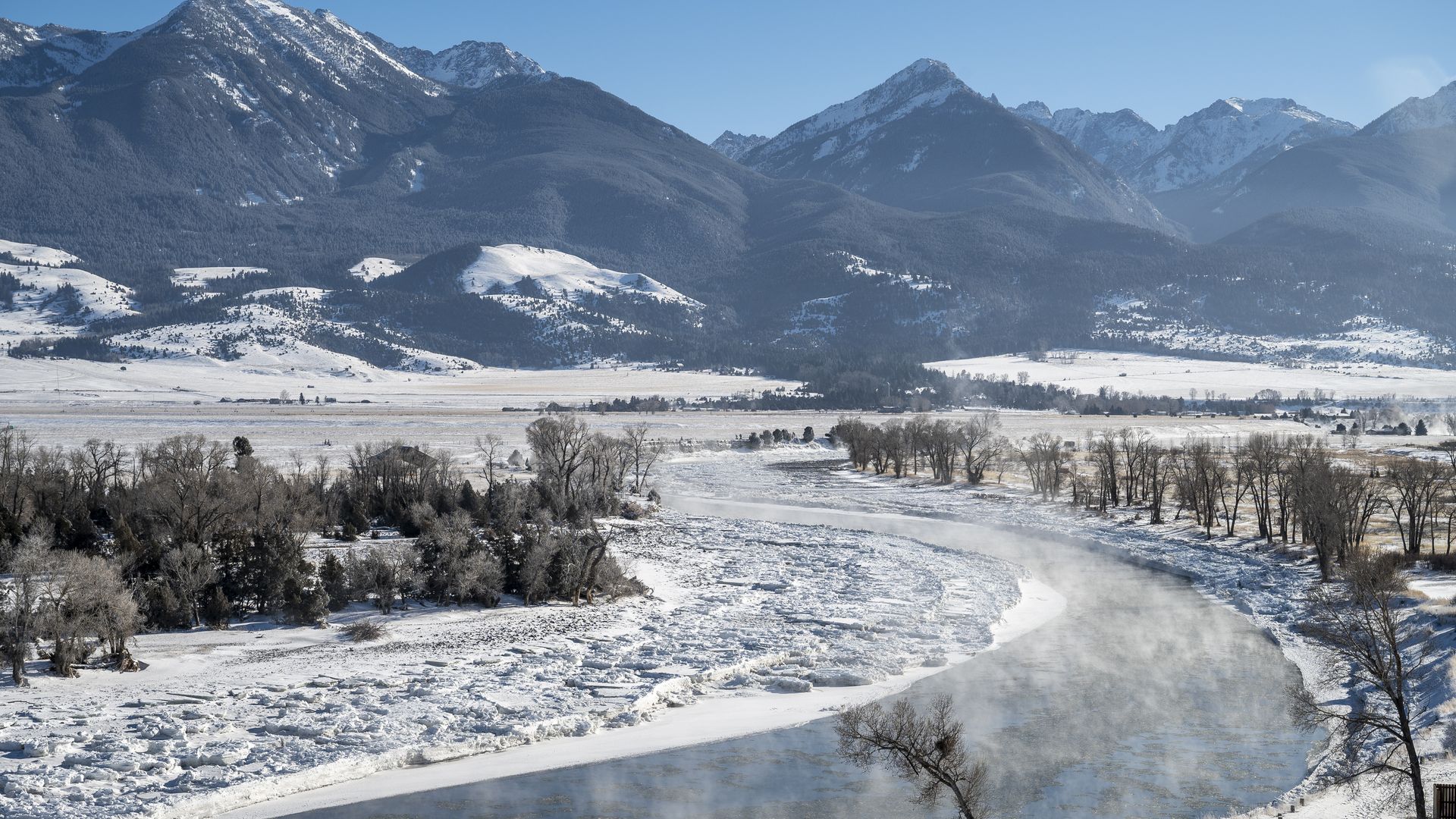 The Yellowstone River flows through Paradise Valley in Montana during the Arctic blast in December of 2022