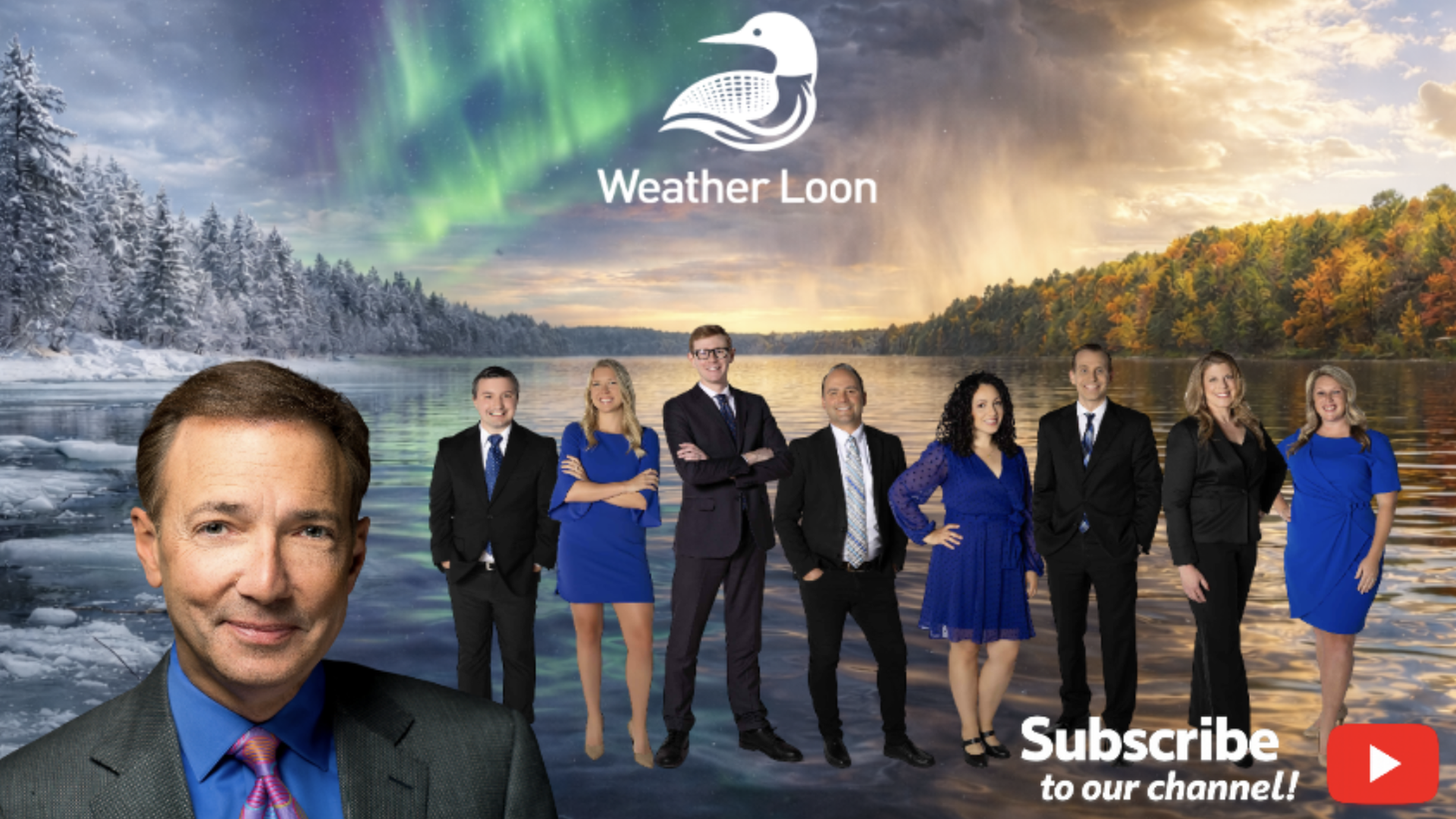 Composite: man in suit foreground left; eight businesspeople in blue/black by a lakeside with aurora and autumn trees. Weather Loon logo above; Subscribe to our channel! YouTube icon bottom right.