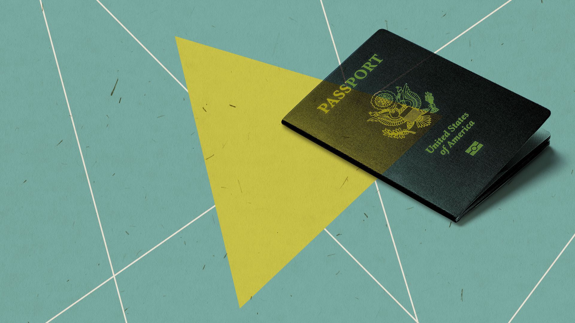Illustration of a passport surrounded by geometric shapes and lines.