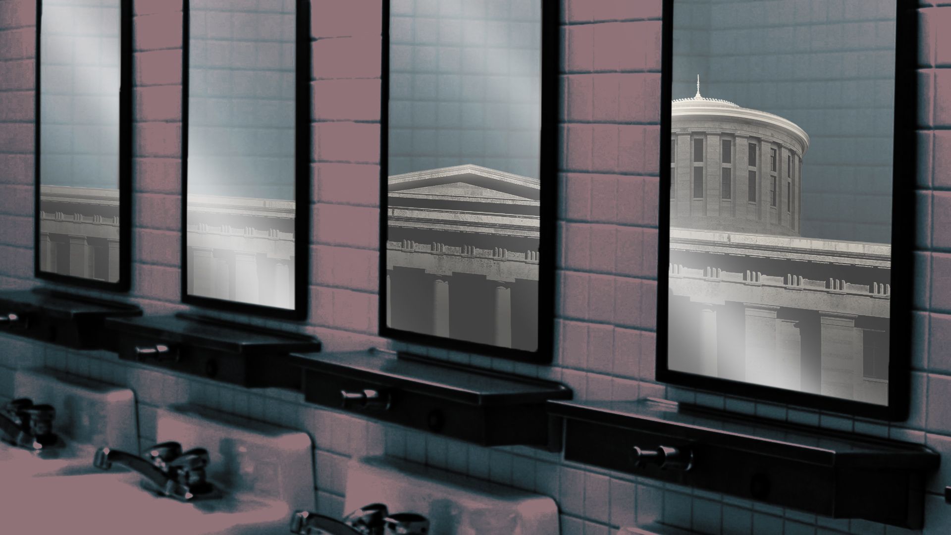 Illustration of the Ohio State Capitol reflected in bathroom mirrors.