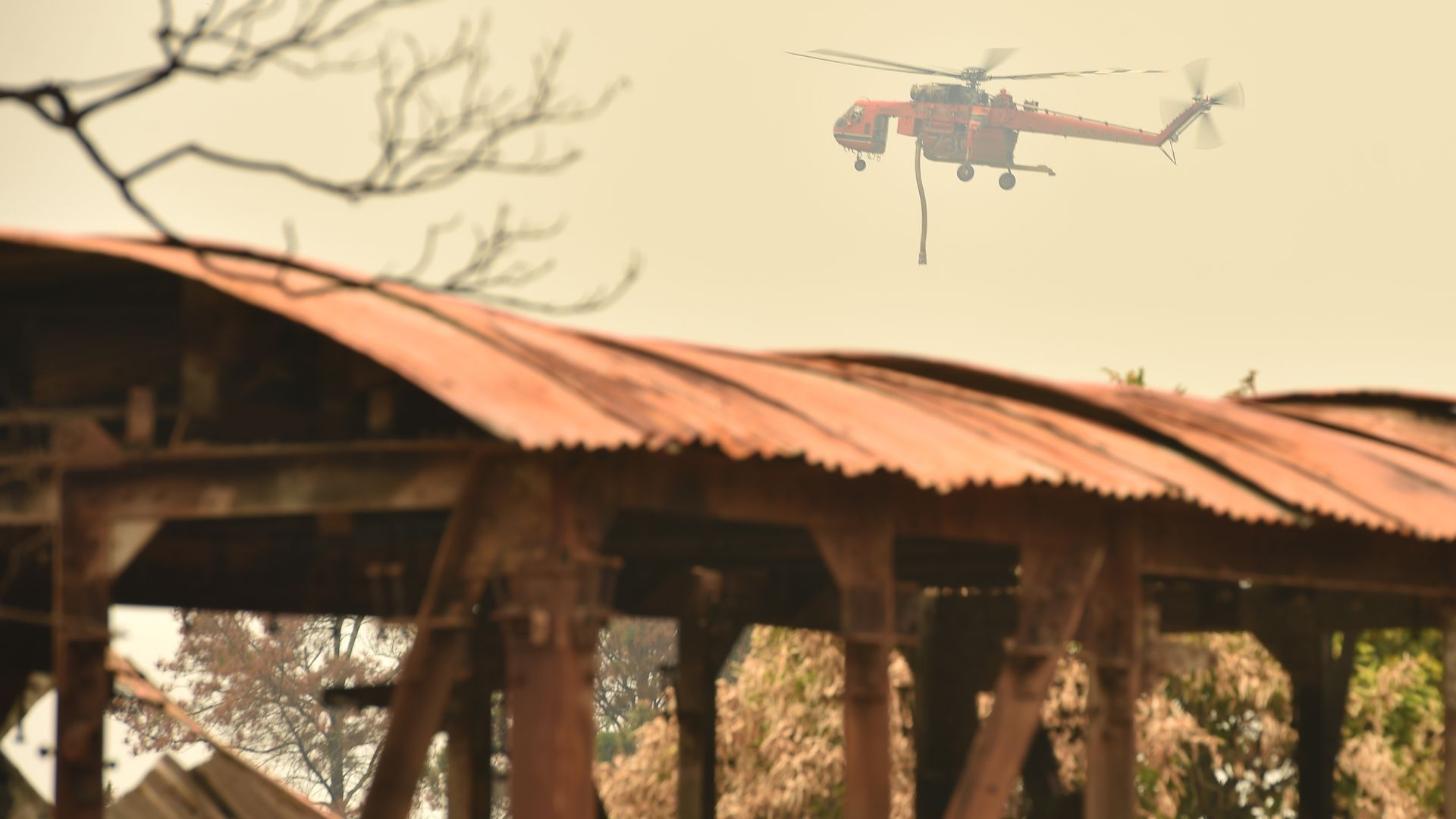 A water bombing helicoptor flies over the remains of a cafe destroyed by bushfires in the town of Bilpin, west of Sydney, on Sunday.