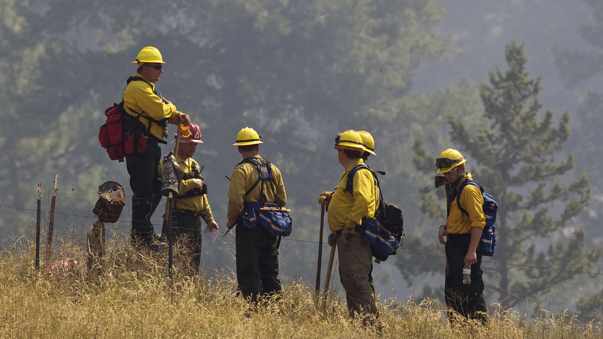 A group of firefighters stand on dry ground with trees in the background, as smoke clouds the view in the distance.