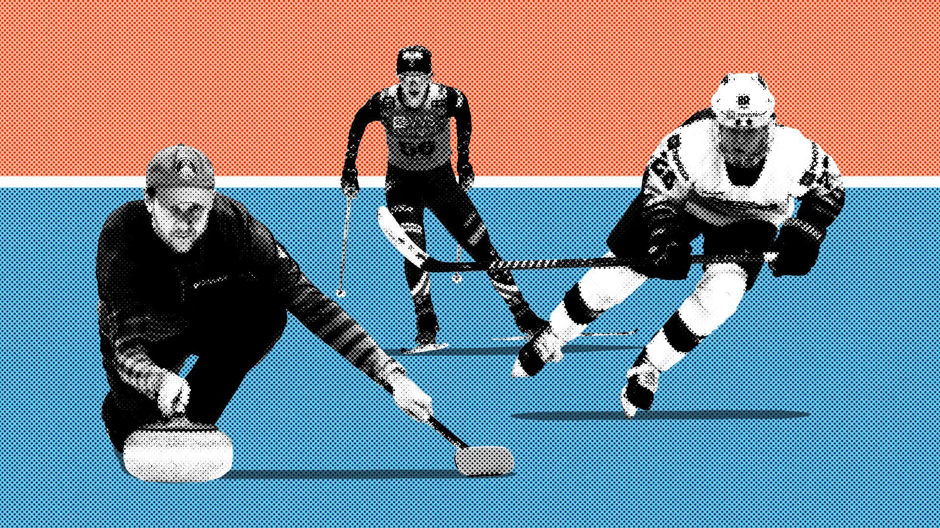 Photo illustration of a collage featuring, from left, curler John Shuster, skier Jessie Diggins and hockey player Hannah Brandt.