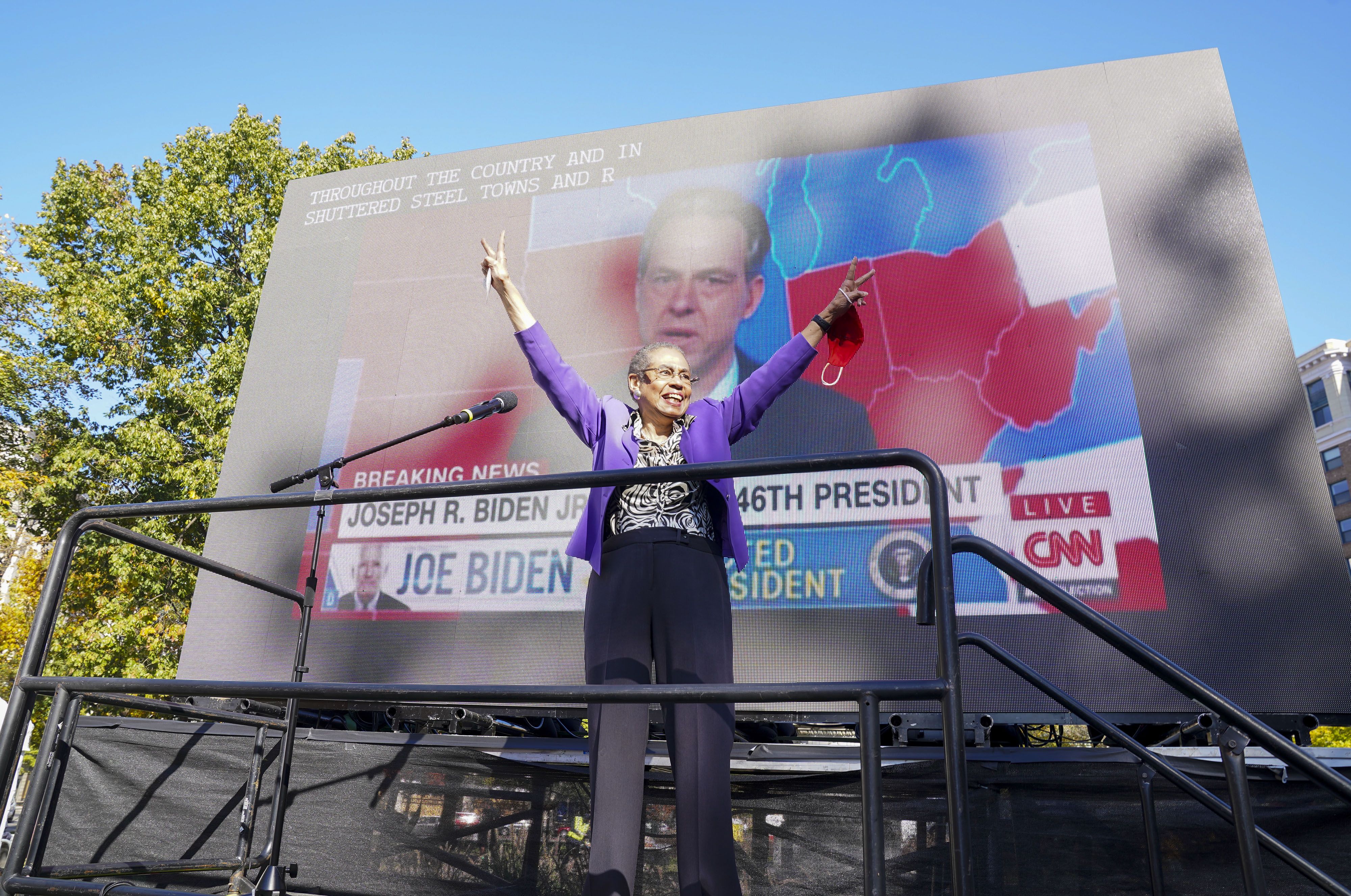 Representative Eleanor Holmes-Norton reacts to the CNN announcement that Joe Biden has been name president-elect