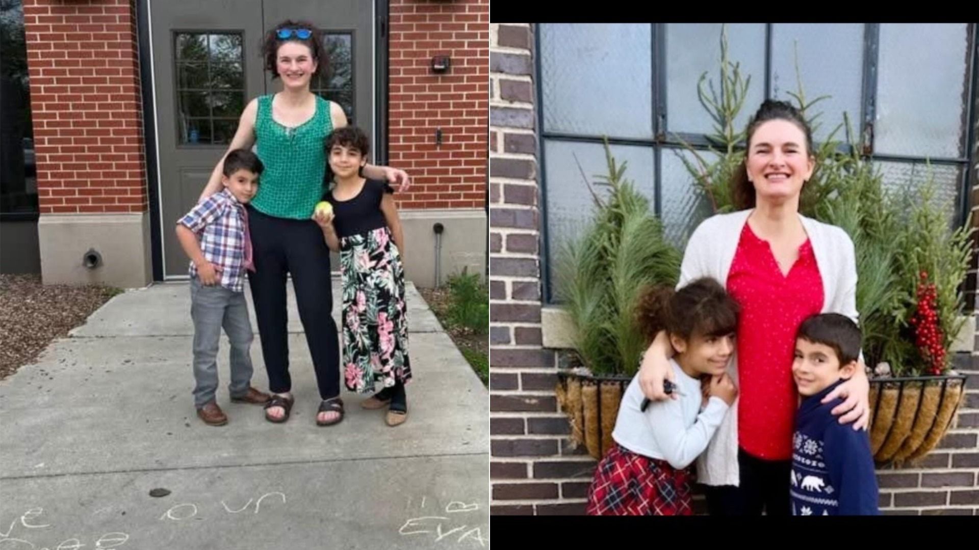 Two photos showing a woman with two children each.