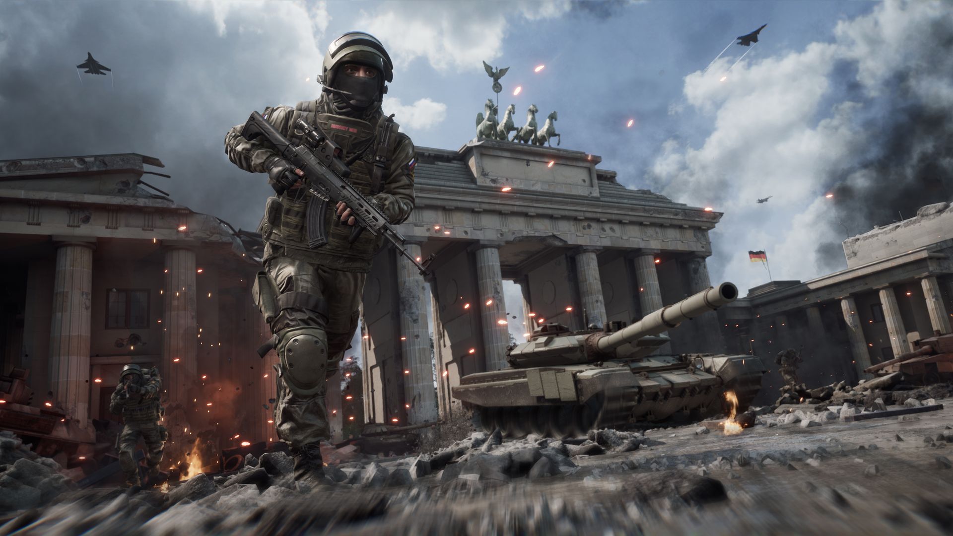 Video game screenshot of a solider running through a wrecked street in Germany