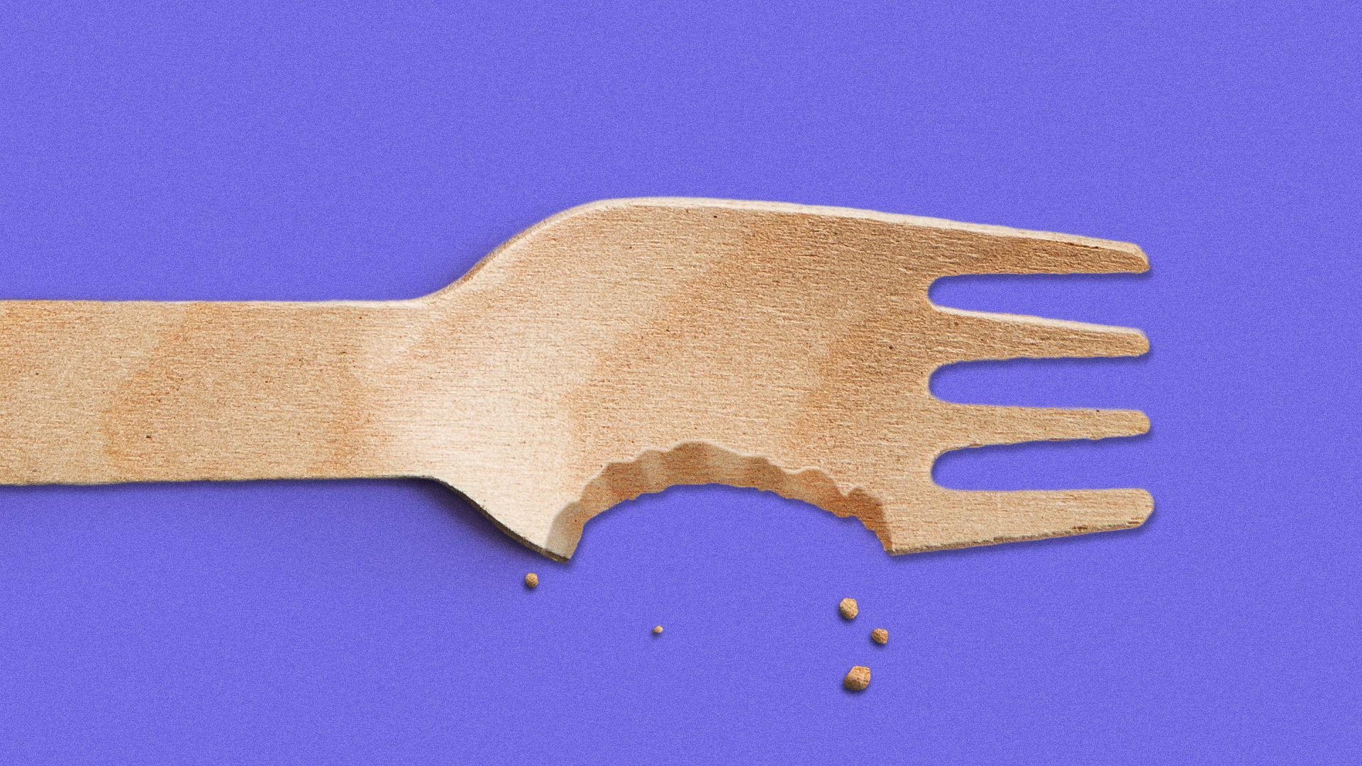 Illustration of a wooden fork with a bite out of it. 