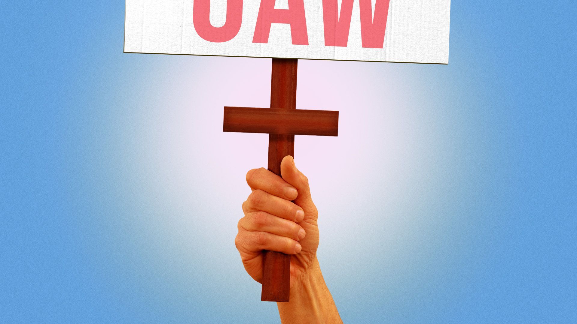 Illustration of a hand holding a "UAW" protest sign in the shape of a Christian cross