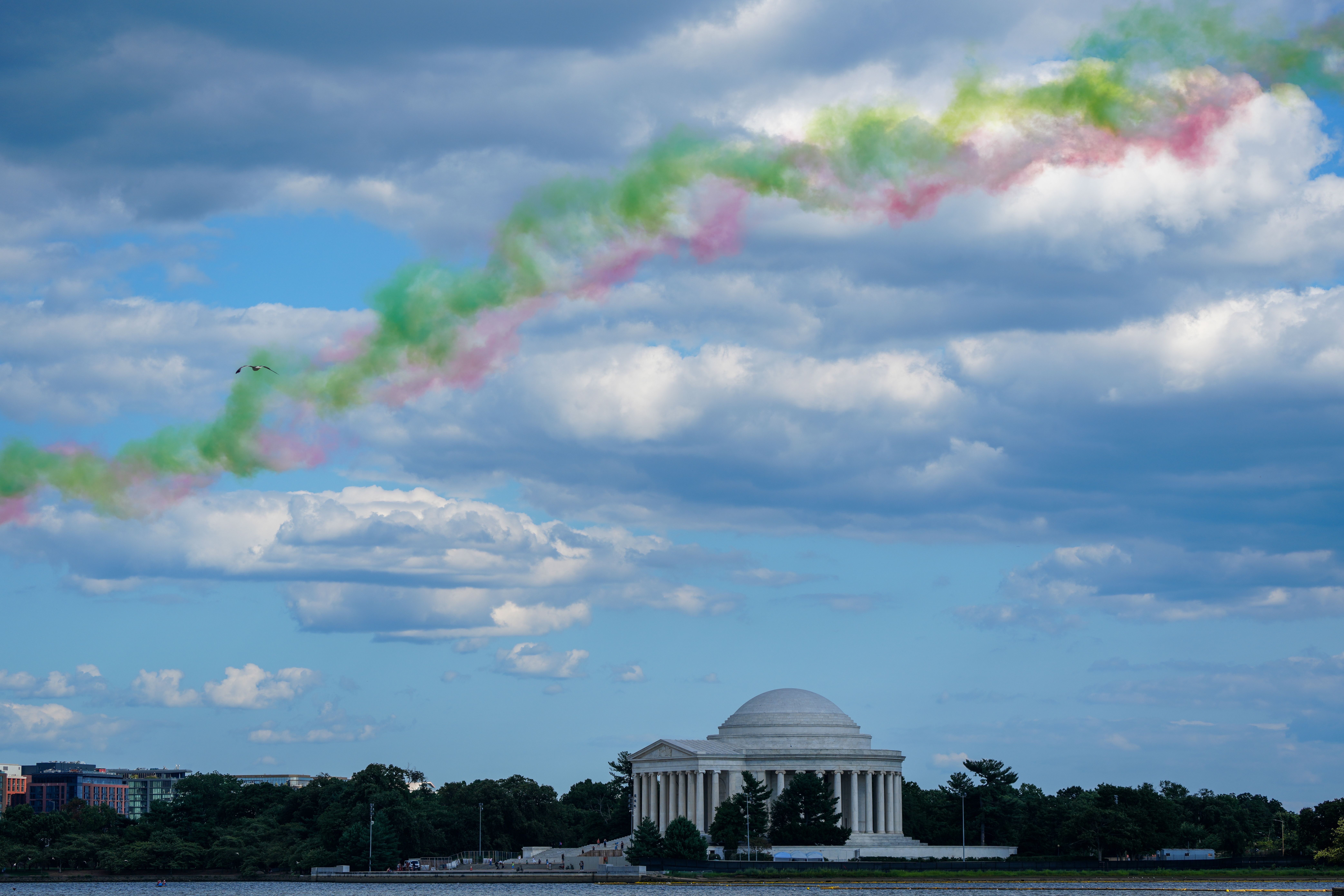 The Italian Air Force Frecce Tricolori fly over Washington, DC, on October 12, 2023, as part of their tour of the United States. They perform in Ocean City, Maryland, this weekend before returning home. (Photo by Andrew Leyden/NurPhoto via Getty Images)