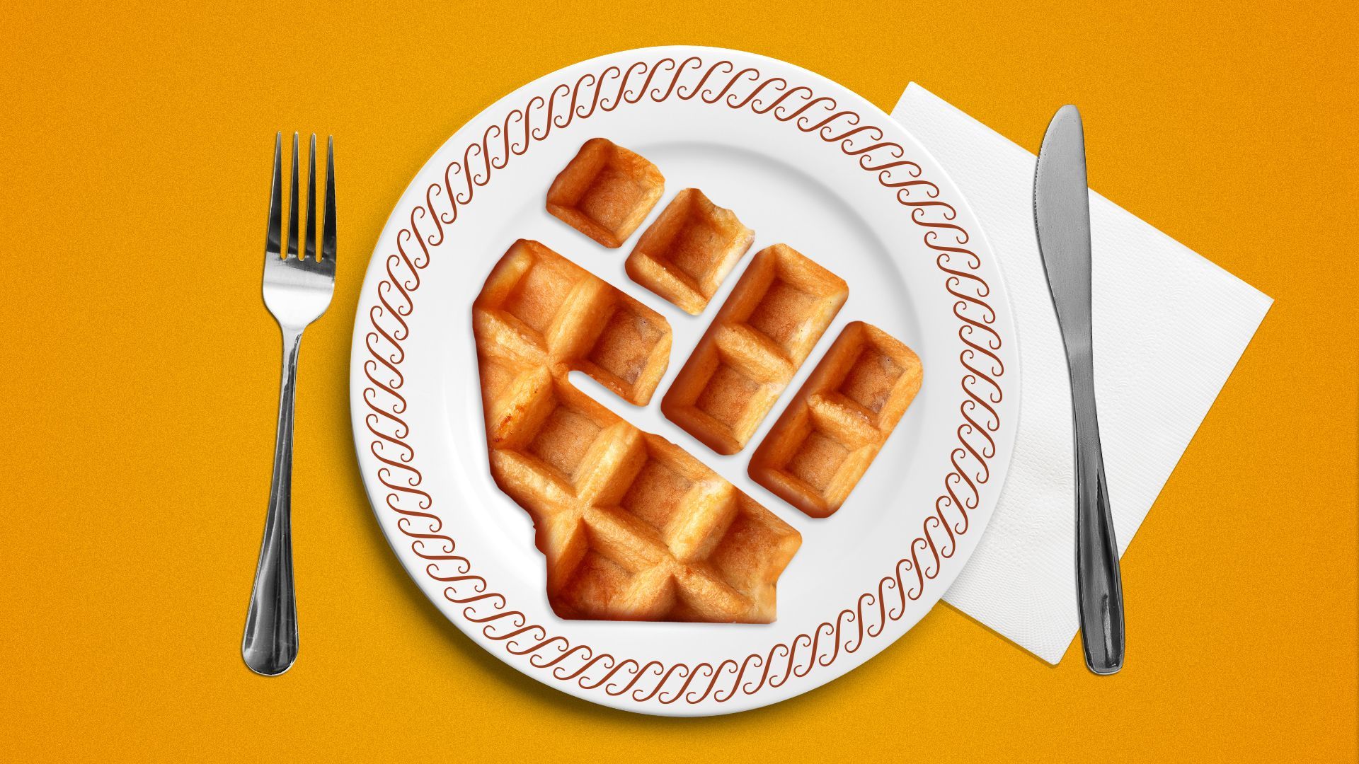 Illustration of a Waffle House plate with a waffle in the shape of a fist. 
