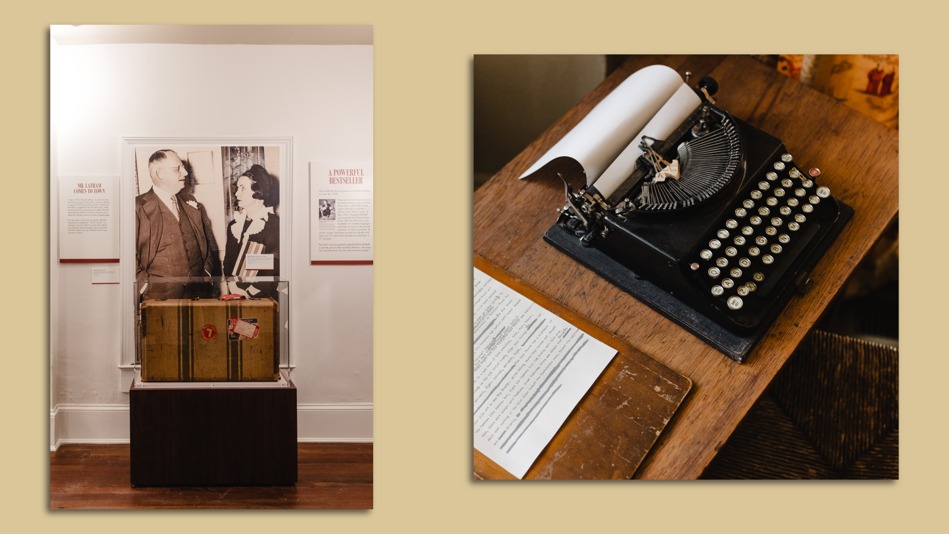 Side by side photos of museum objects including a suitcase in front of a photo of a man and woman greeting and an old fashioned typewriter with a scribbled out manuscript to the side
