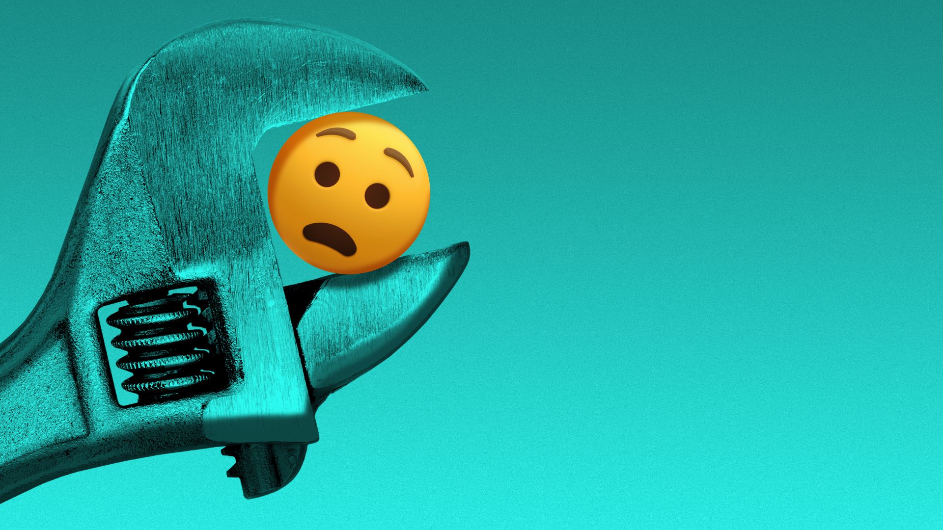 Illustration of a surprised looking emoji being turned by a wrench