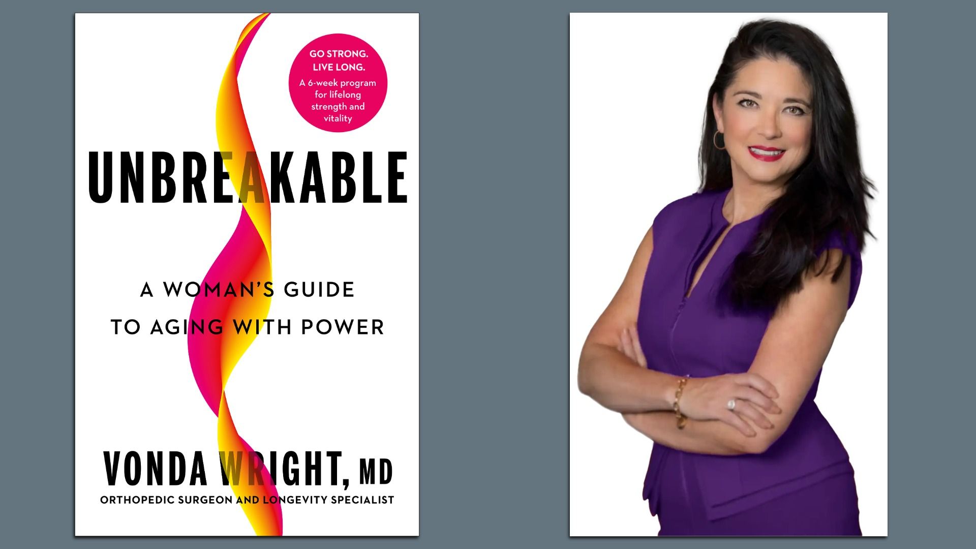 Book cover of "Unbreakable: A Woman's Guide to Aging with Power" by Vonda Wright with a pink and yellow flame design, alongside a photo of a smiling woman (Wright) in a purple dress.
