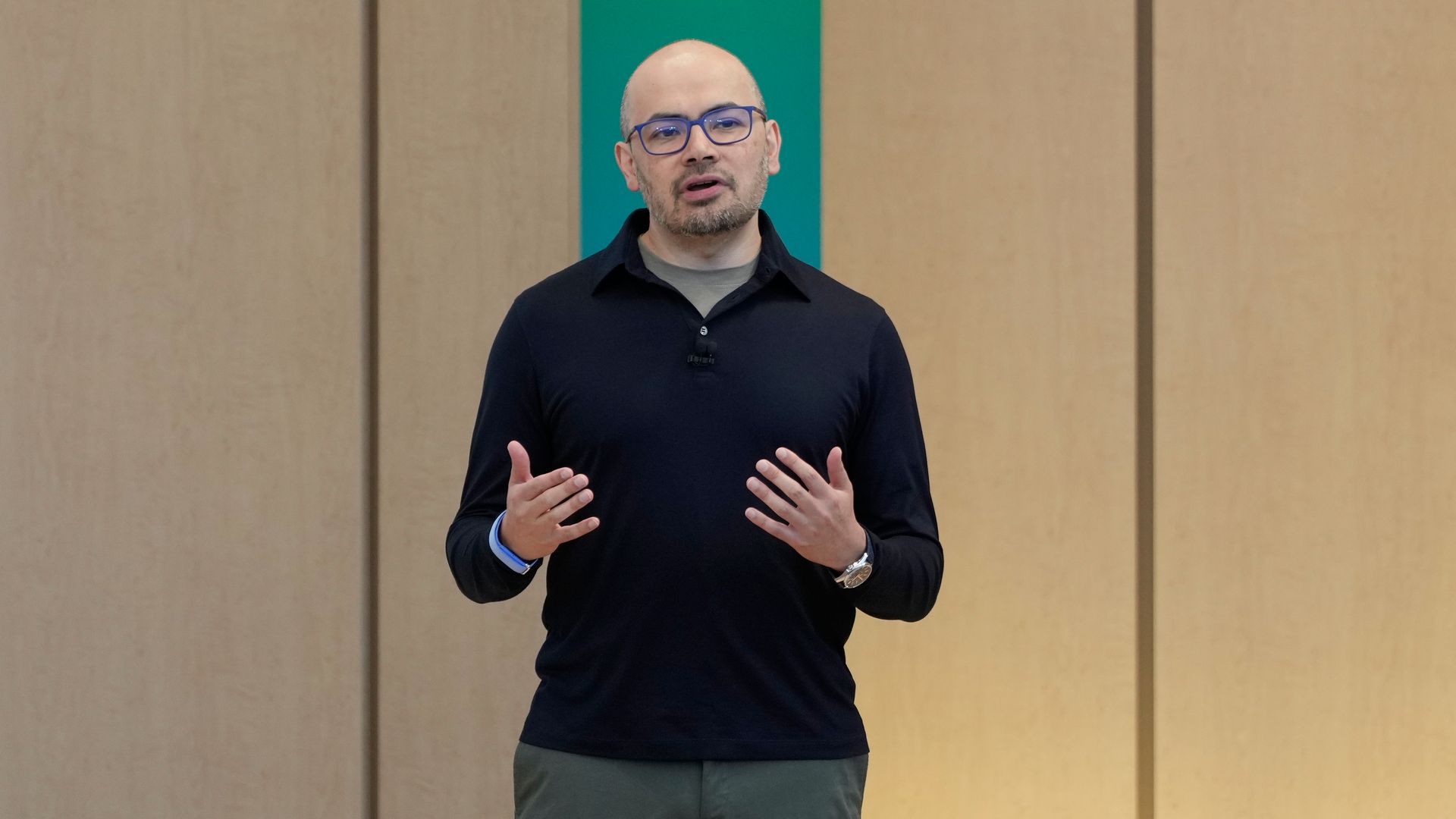 Demis Hassabis, Co-Founder and CEO, Google DeepMind, speaks at a Google I/O event in Mountain View, Calif., Tuesday, May 19, 2026. (AP Photo/Jeff Chiu)