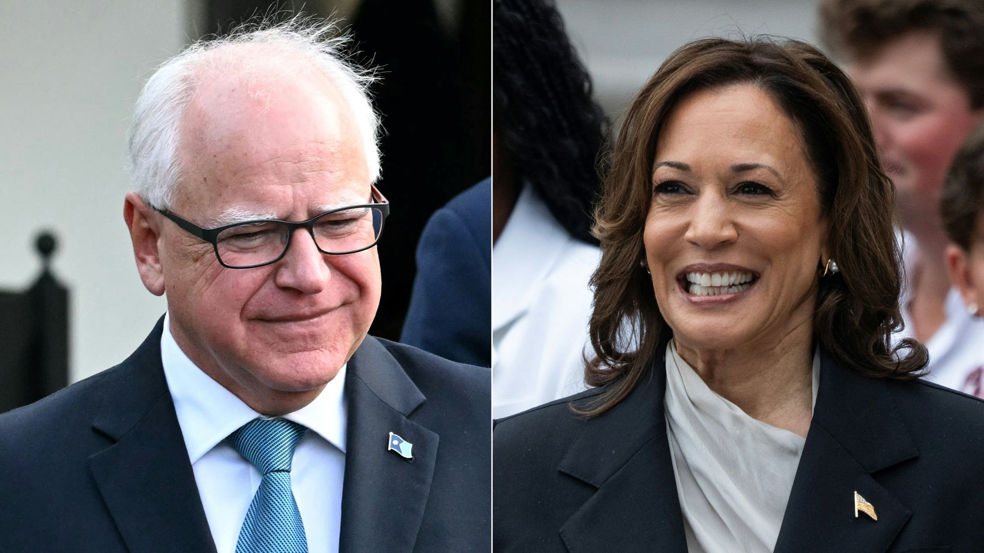 This combination of pictures created on August 2, 2024, shows US Vice President Kamala Harris in Washington, DC on July 22, 2024, and Governor of Minnesota Tim Walz in Washington, DC, July 3, 2024. Harris picked Walz as her running mate on August 6, 2024, US media reported, as the vice president pre