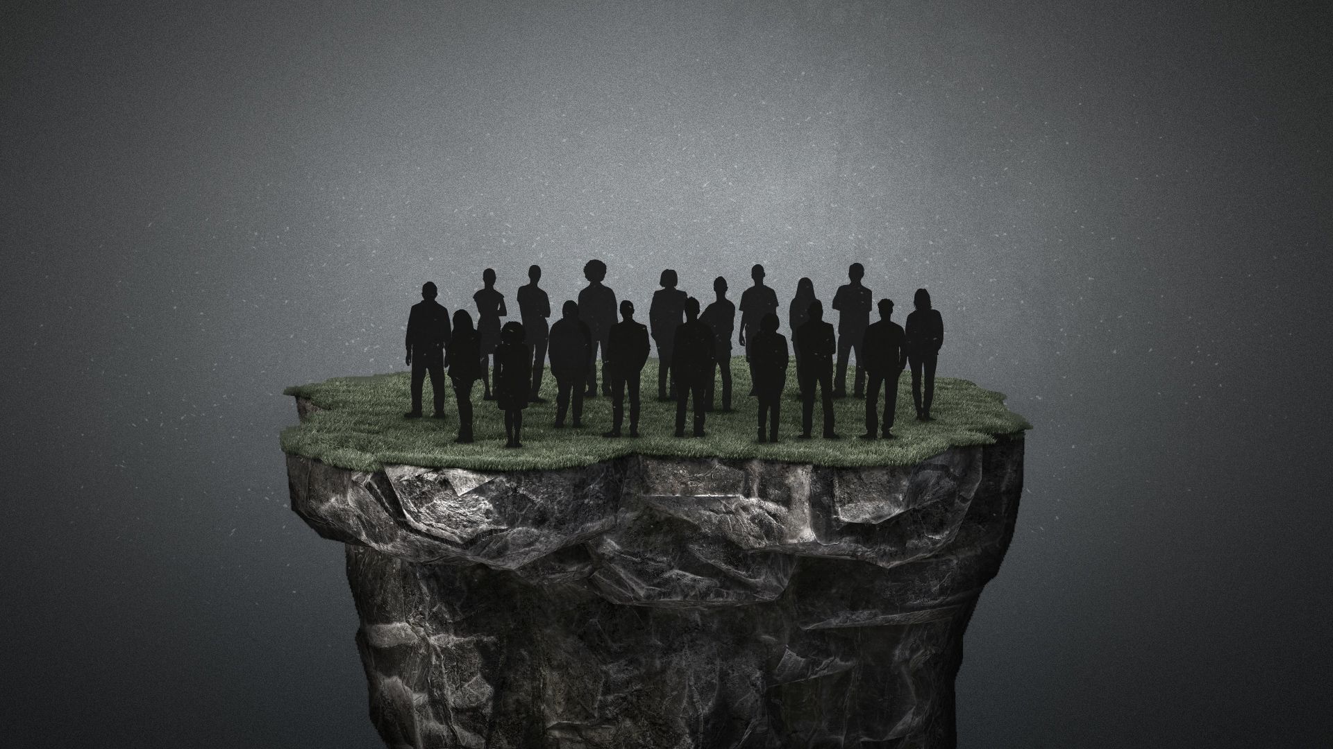 Illustration of a silhouetted group of people standing on an isolated island in a dark and shadowy environment. 