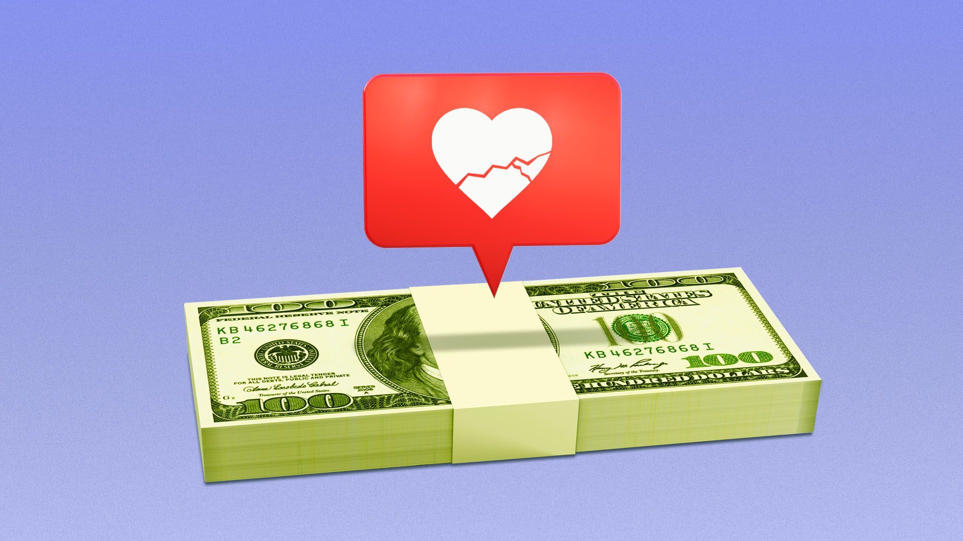 Illustration of a stack of money with a broken heart emoji floating over it
