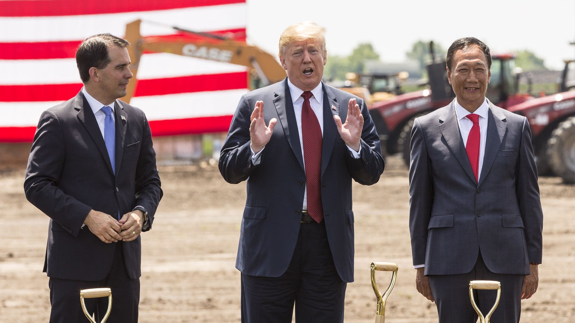 U.S. President Donald Trump, Wisconsin Gov. Scott Walker, Foxconn CEO Terry Gou at the groundbreaking for the Foxconn Technology Group plant in Mt Pleasant, Wisconsin