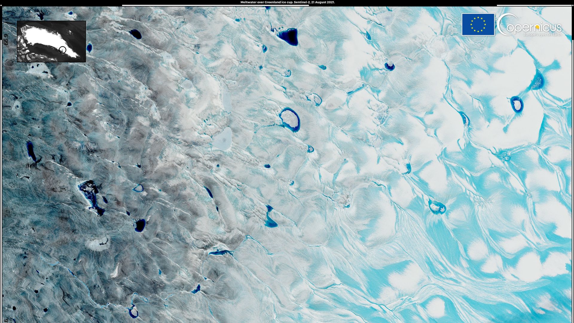 Blue water interspersed with ice seen from above the Greenland Ice Sheet by a European satellite.