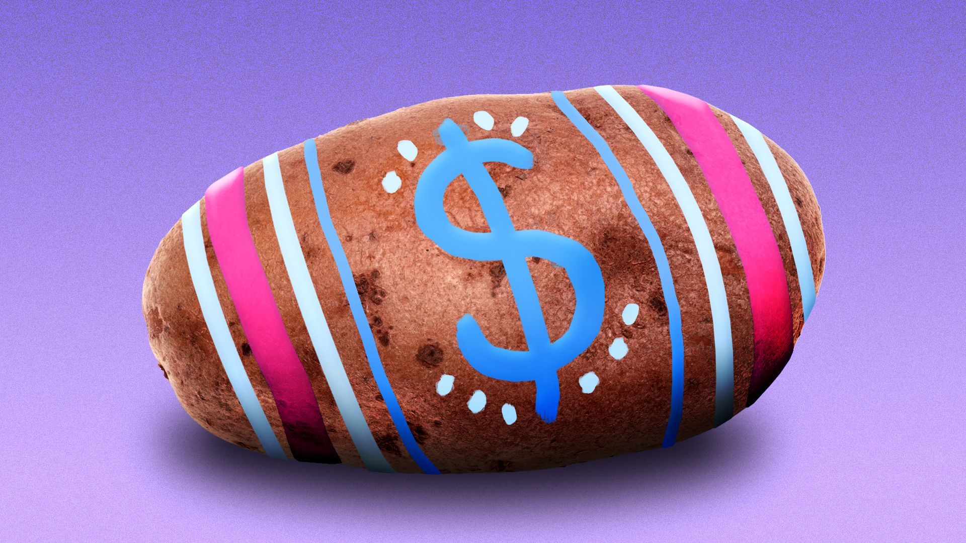 Illustration of a potato painted like an Easter egg with a dollar sign in the center of the design