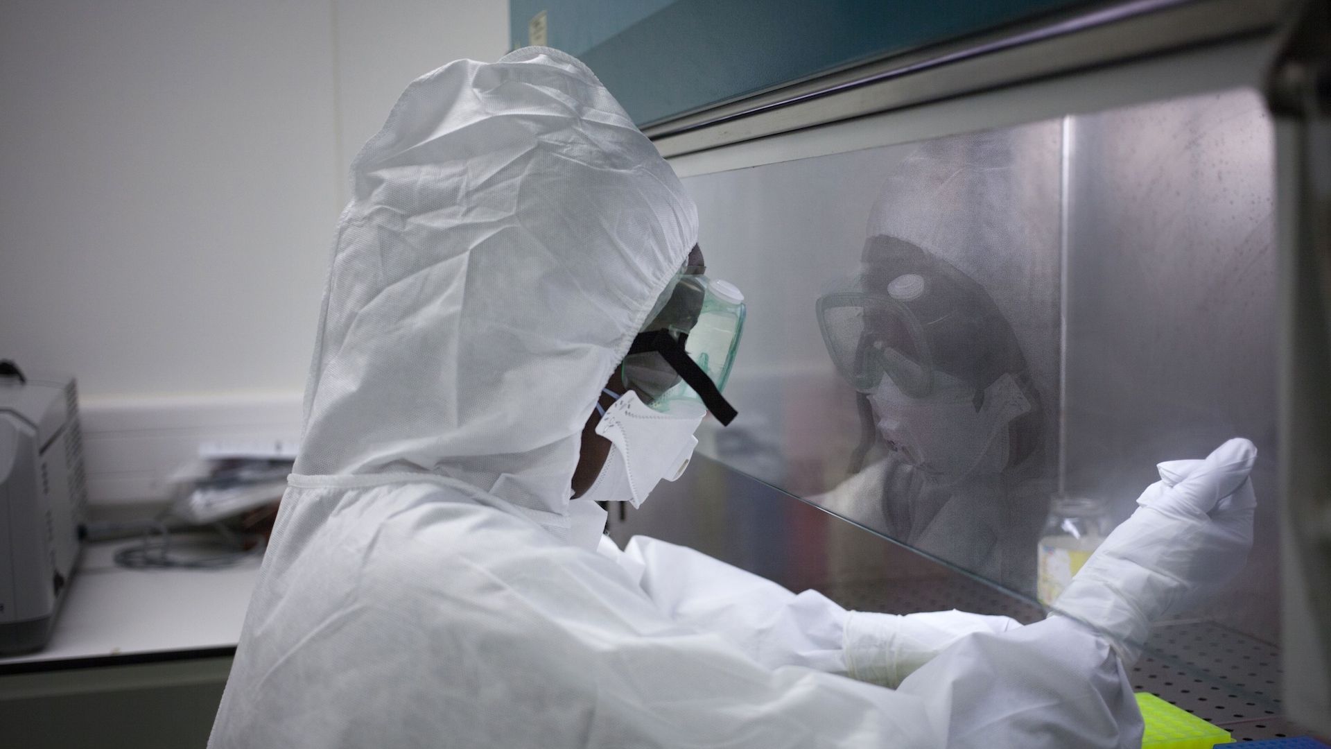 A lab technician works in the P3, the Pasteur Institute's laboratory dedicated to the Ebola virus, in Bangui on May 31, 2018.