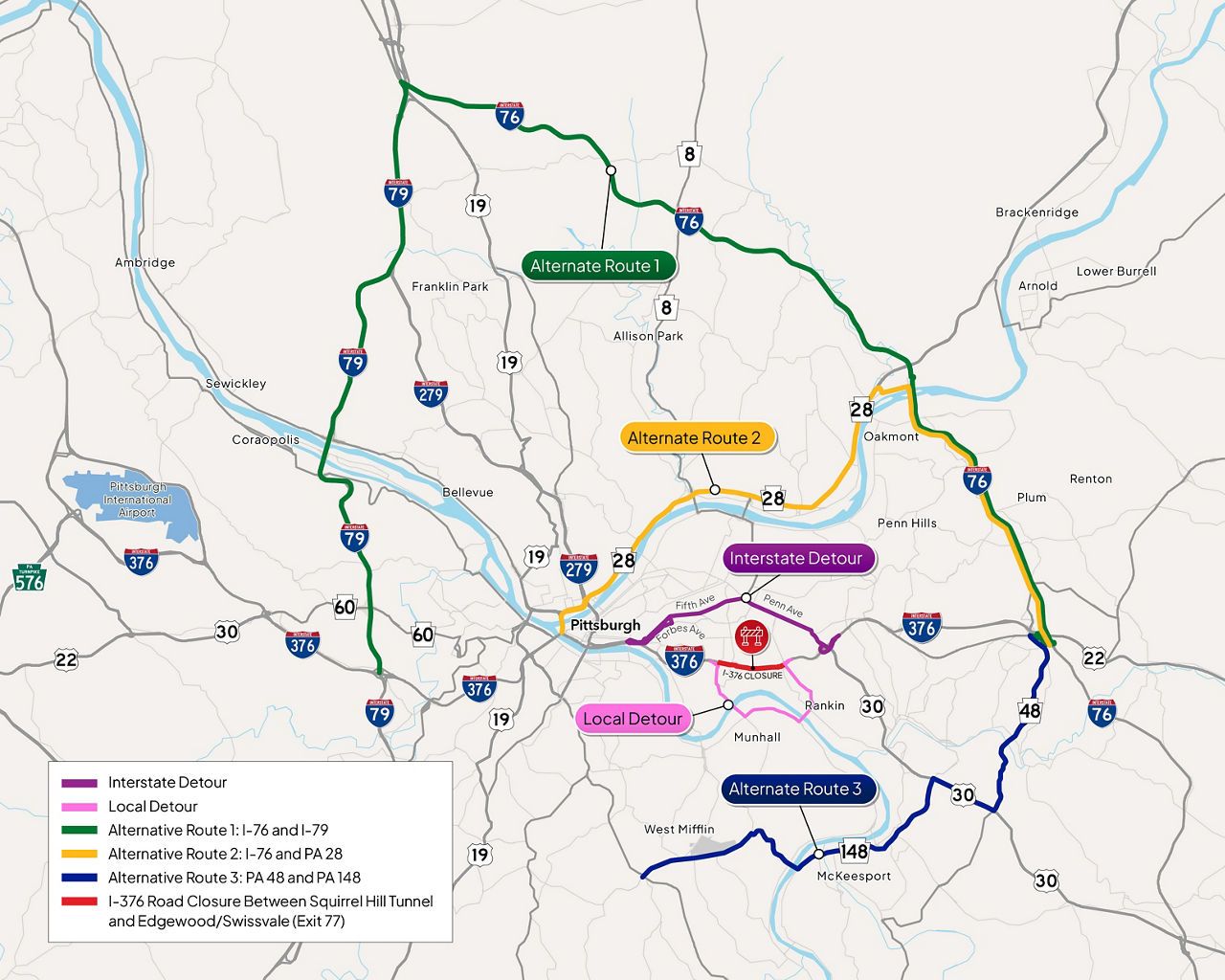 Detour map for Pittsburgh area; color-coded routes: green Alt Route 1, yellow Alt Route 2, blue Alt Route 3, purple Interstate Detour, pink Local Detour, with I-376 closure near Squirrel Hill.
