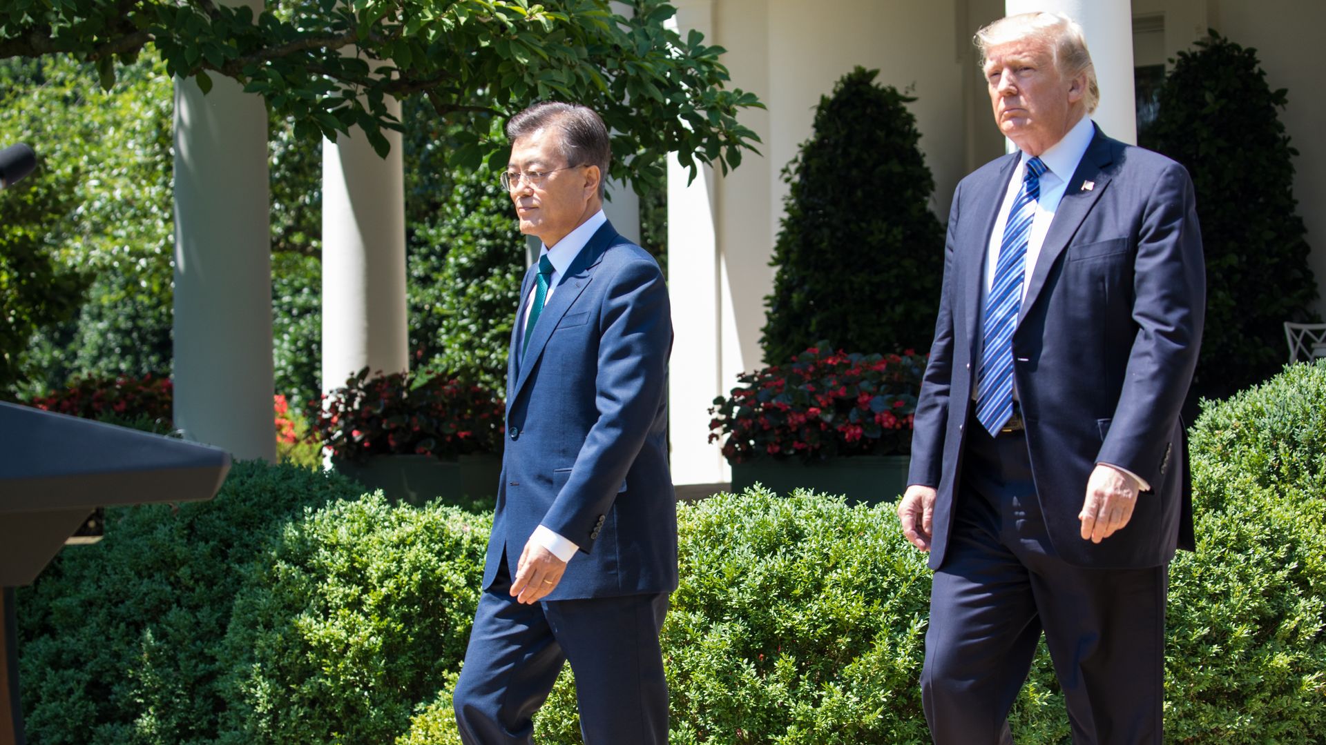  President Moon of the Republic of Korea, and U.S. President Trump walk from the Oval Office for their joint press conference