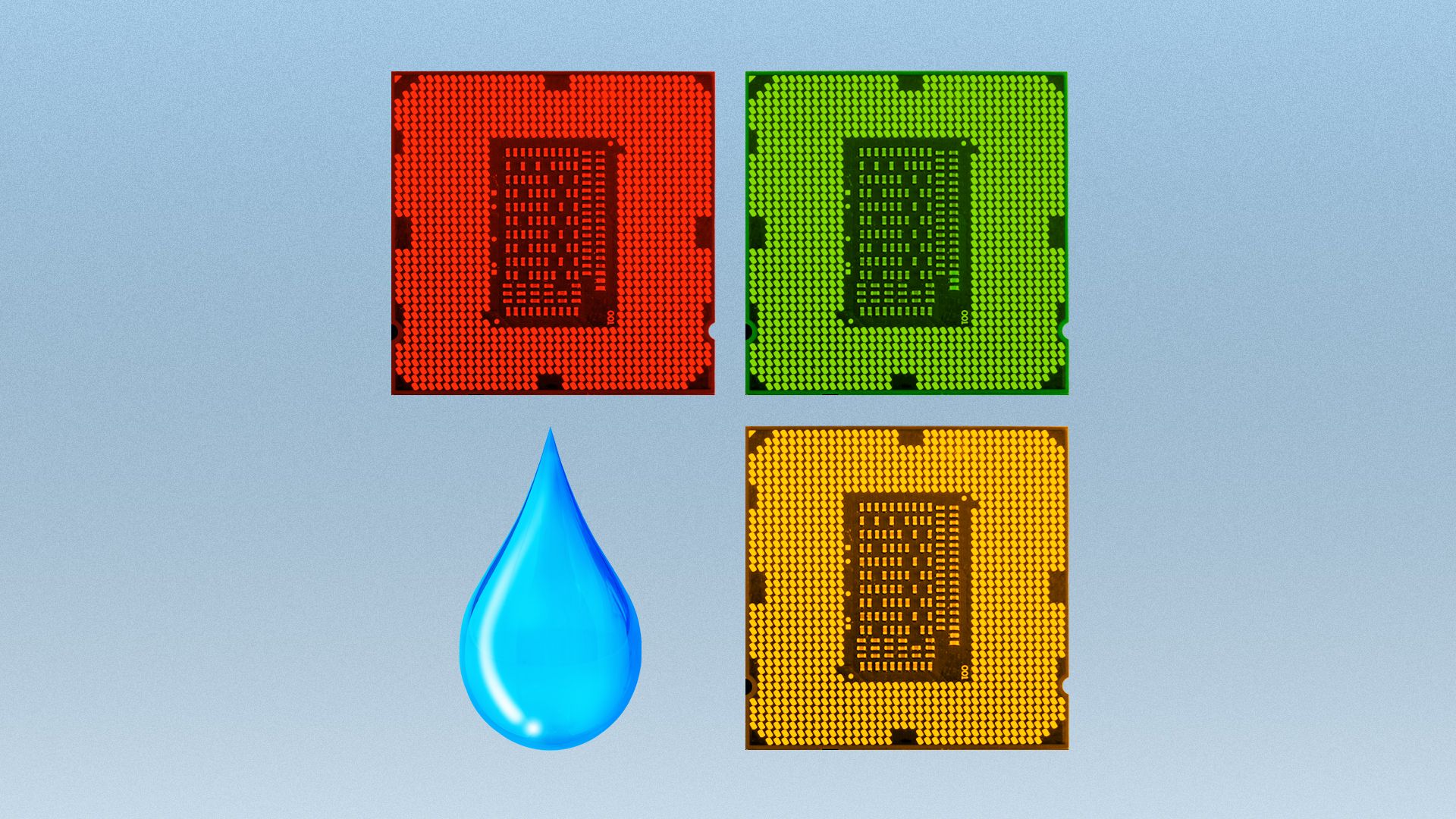 Illustration of the Microsoft logo made up of computer chips and a droplet of water
